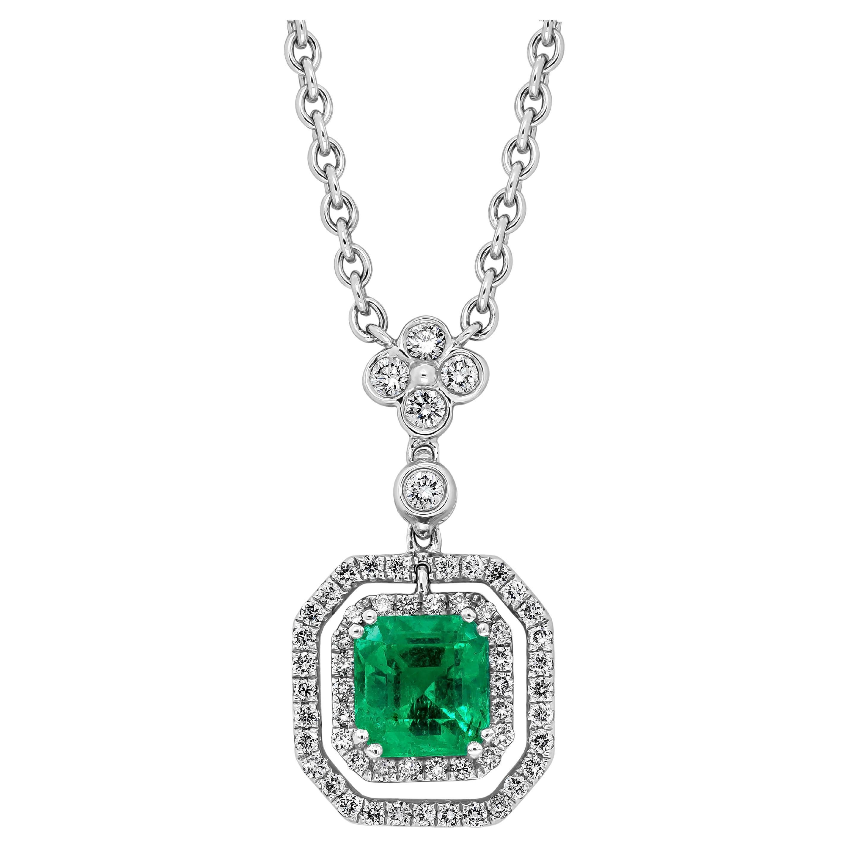 Roman Malakov 1.18 Carat Emerald with Diamond Double Halo Pendant Necklace For Sale