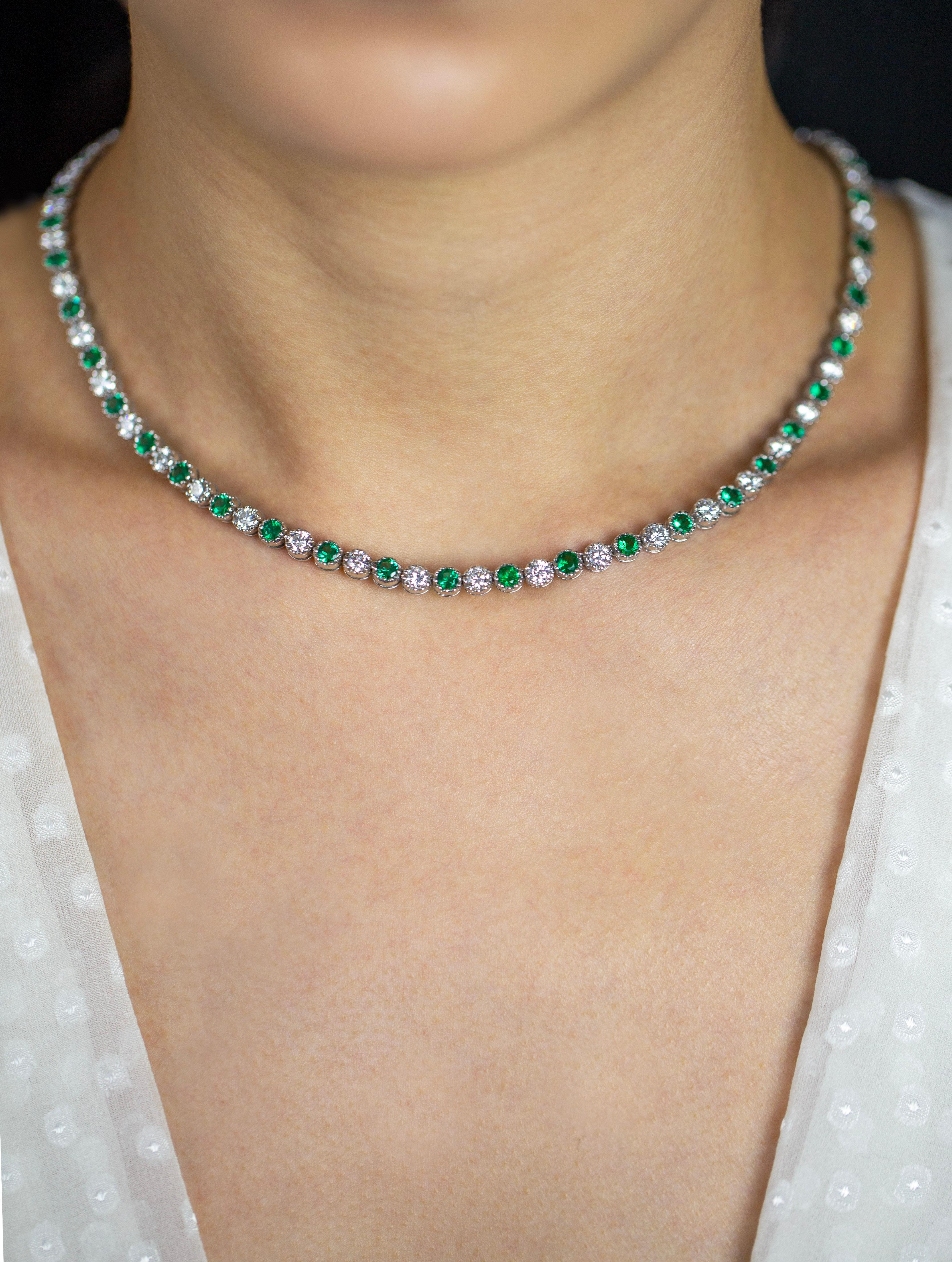 Round Cut Roman Malakov 11.82 Carat Total Round Emerald and Diamond Tennis Necklace For Sale