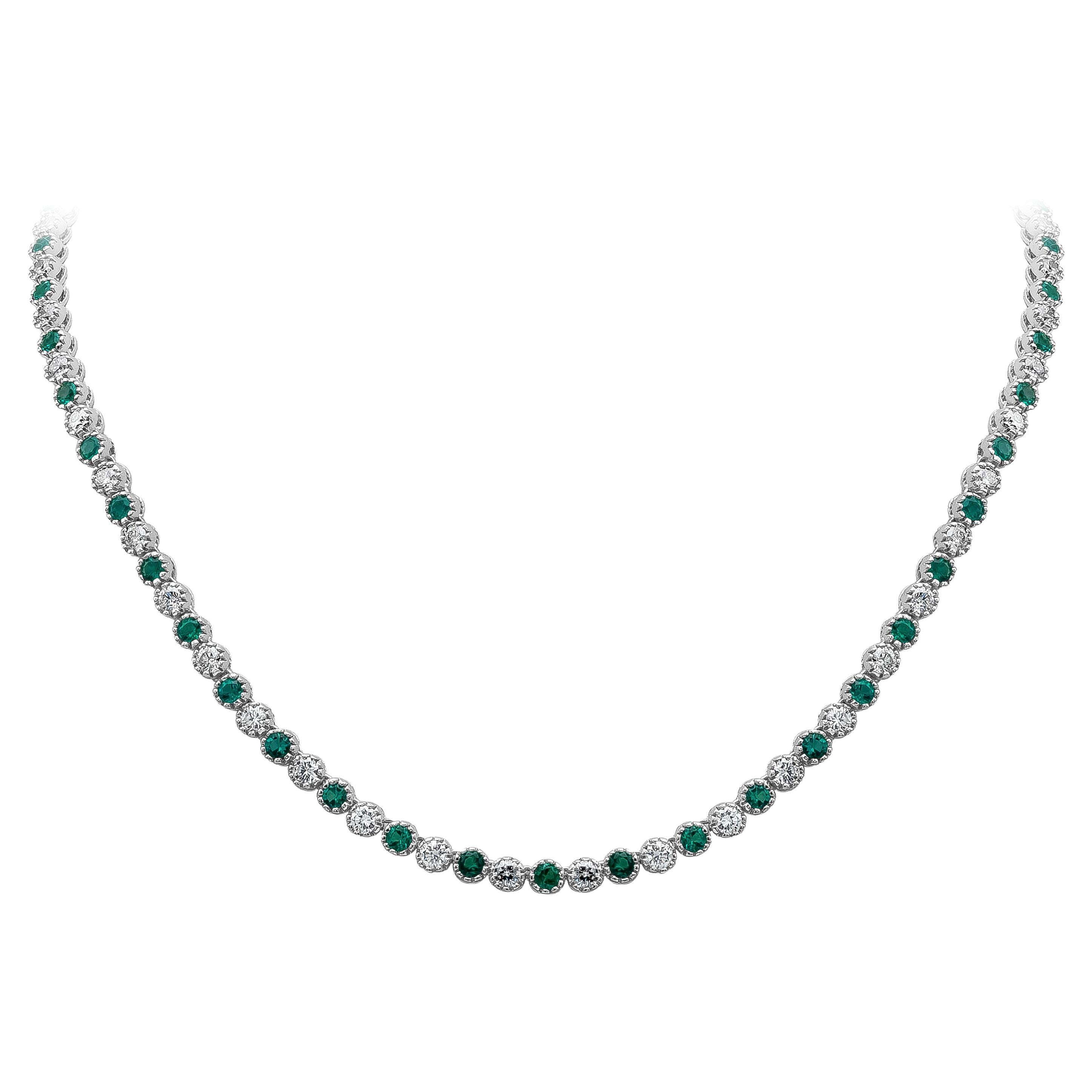 Roman Malakov 11.82 Carat Total Round Emerald and Diamond Tennis Necklace For Sale