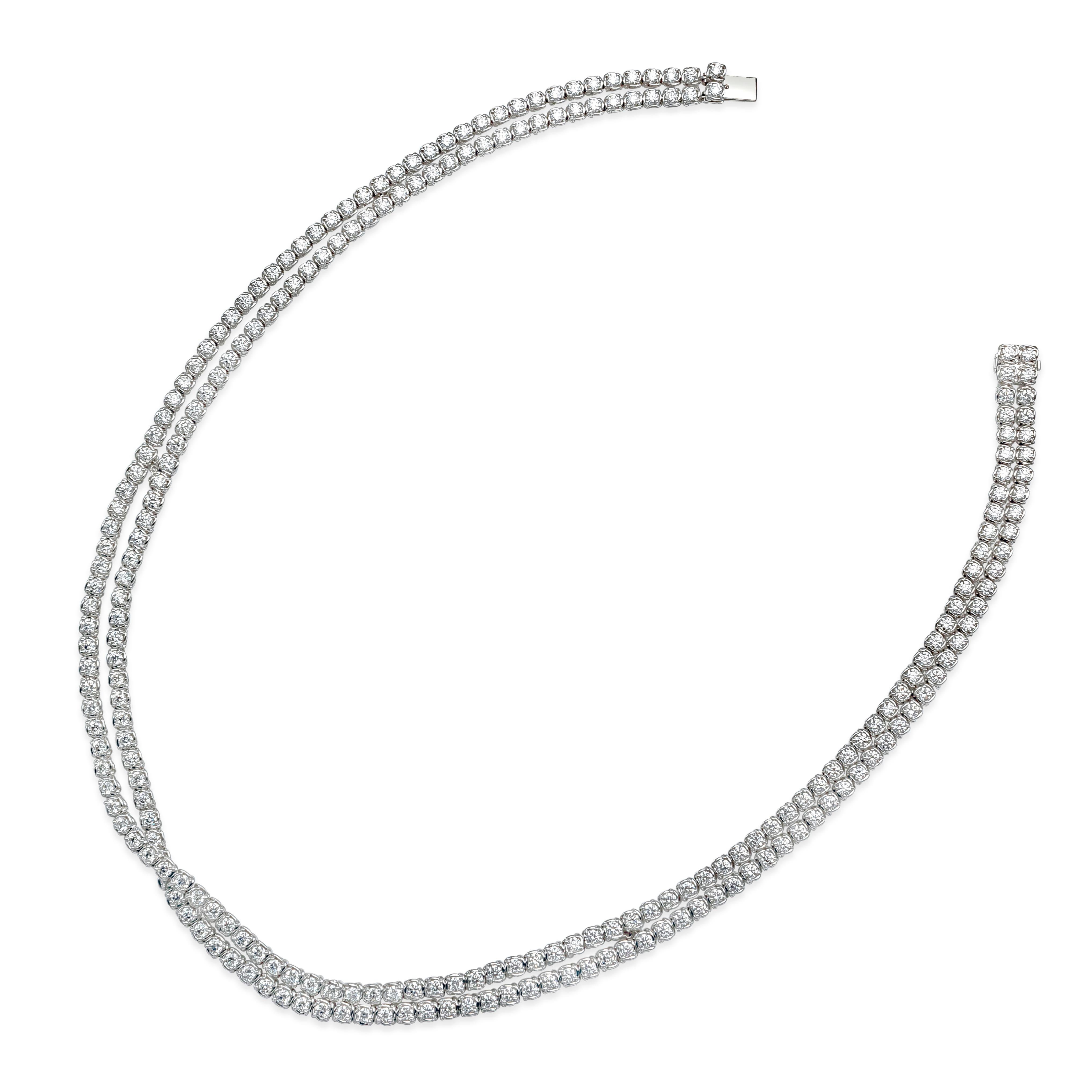 Contemporary Roman Malakov 11.90 Carat Total Round Diamond Crossover Diamond Tennis Necklace For Sale