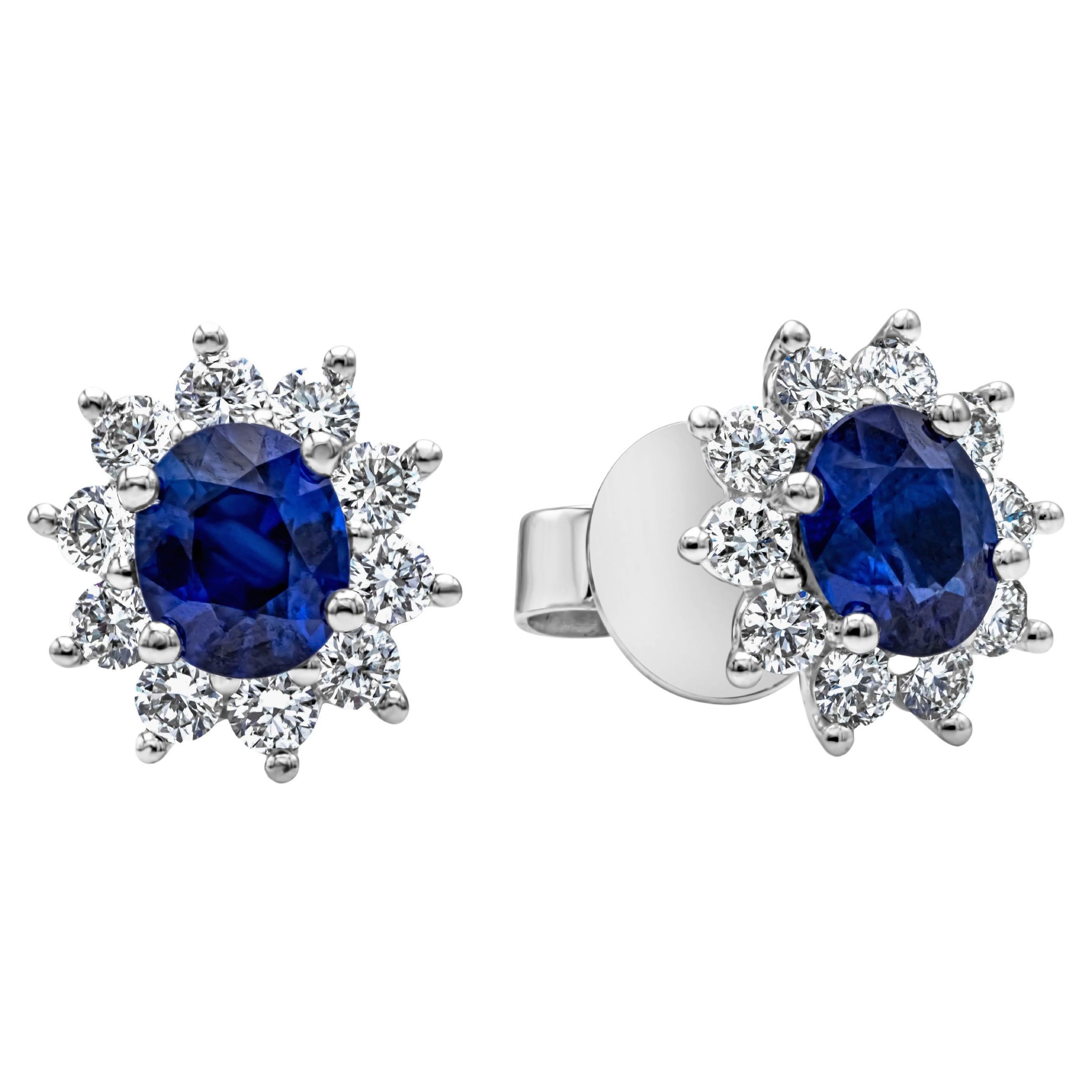 Roman Malakov, 1.20 Carat Blue Sapphire and Diamond Halo Earrings in White Gold