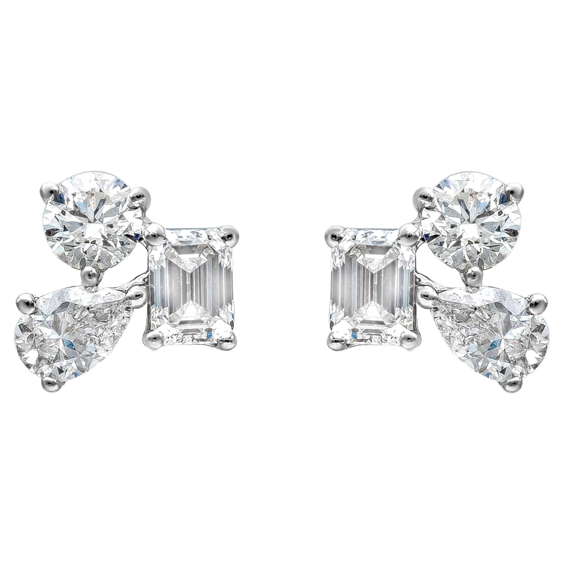 Roman Malakov 1.20 Carat Total Mixed Cut Diamond Three Stone Stud Earrings For Sale