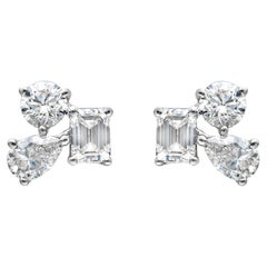 Roman Malakov 1.20 Carat Total Mixed Cut Diamond Three Stone Stud Earrings