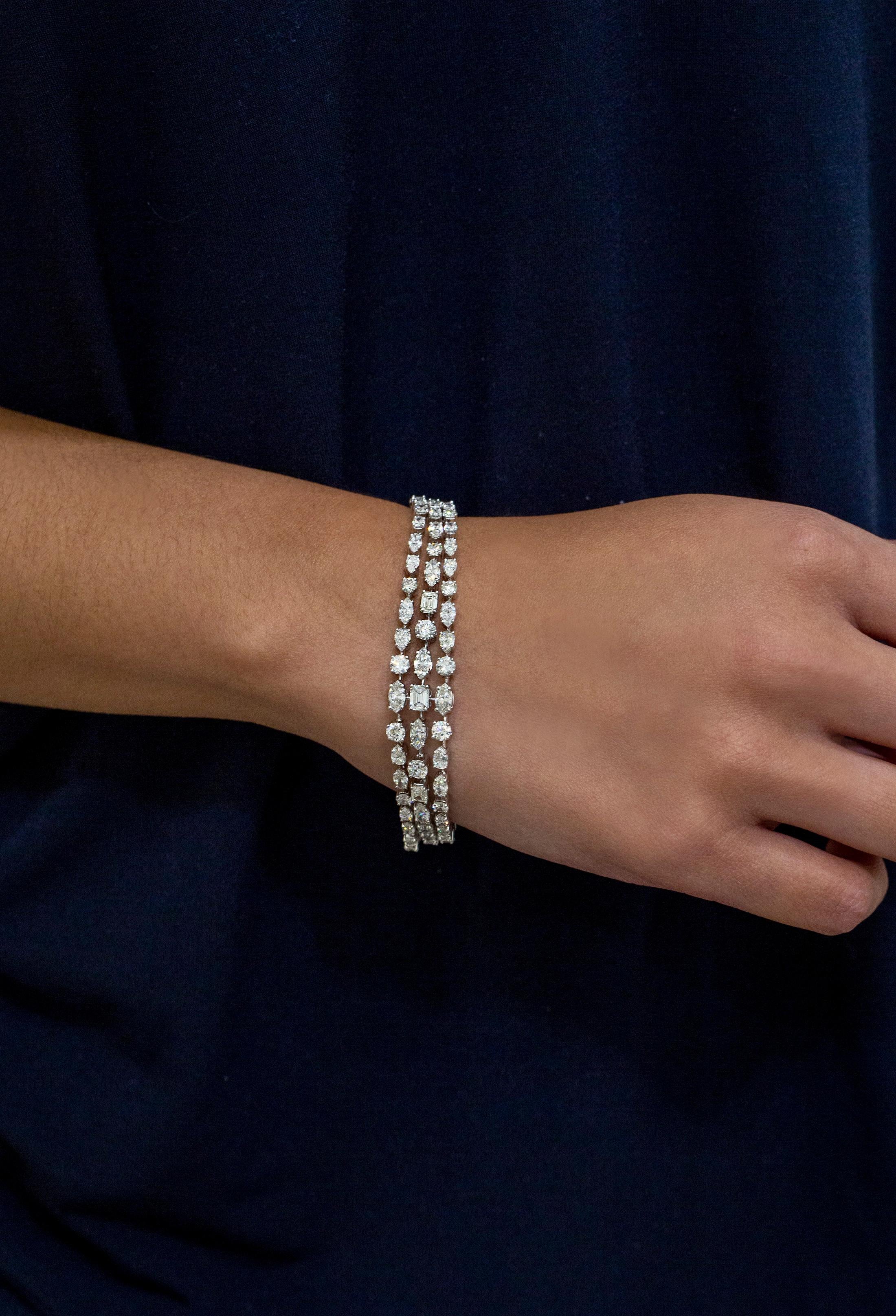 Roman Malakov 12,03 Karat insgesamt dreireihiges Diamantarmband mit gemischtem Schliff (Gemischter Schliff) im Angebot