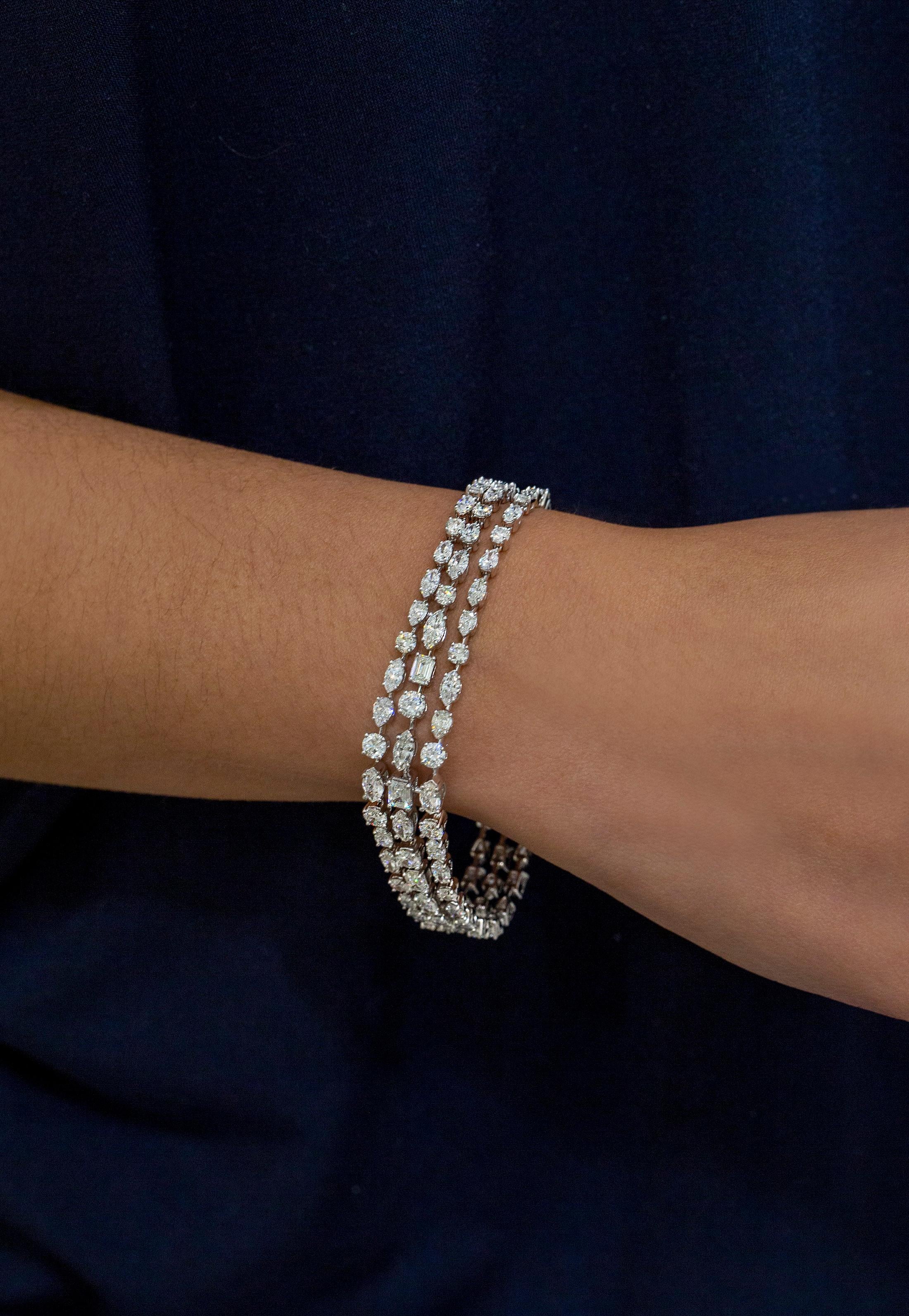 Contemporary Roman Malakov, 12.03 Carat Total Three Row Fancy Shapes Diamond Bracelet For Sale