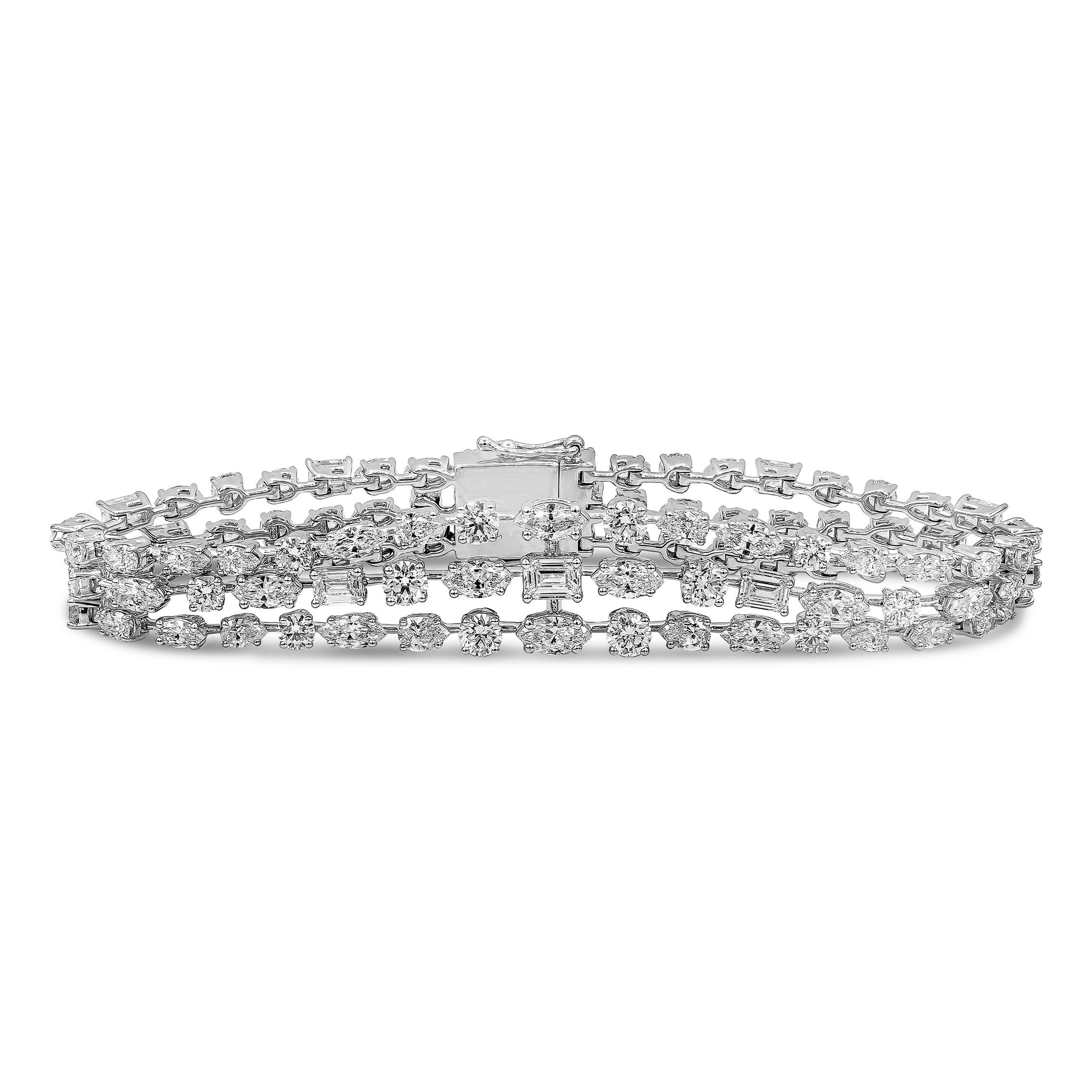 A fashionable and beautiful bracelet showcasing three-rows of Fancy shape diamonds that graduate larger as it gets to the center. Diamonds weigh 12.09 carats total and are approximately G-H color, VS-SI clarity. Made in 18k white gold.

Style