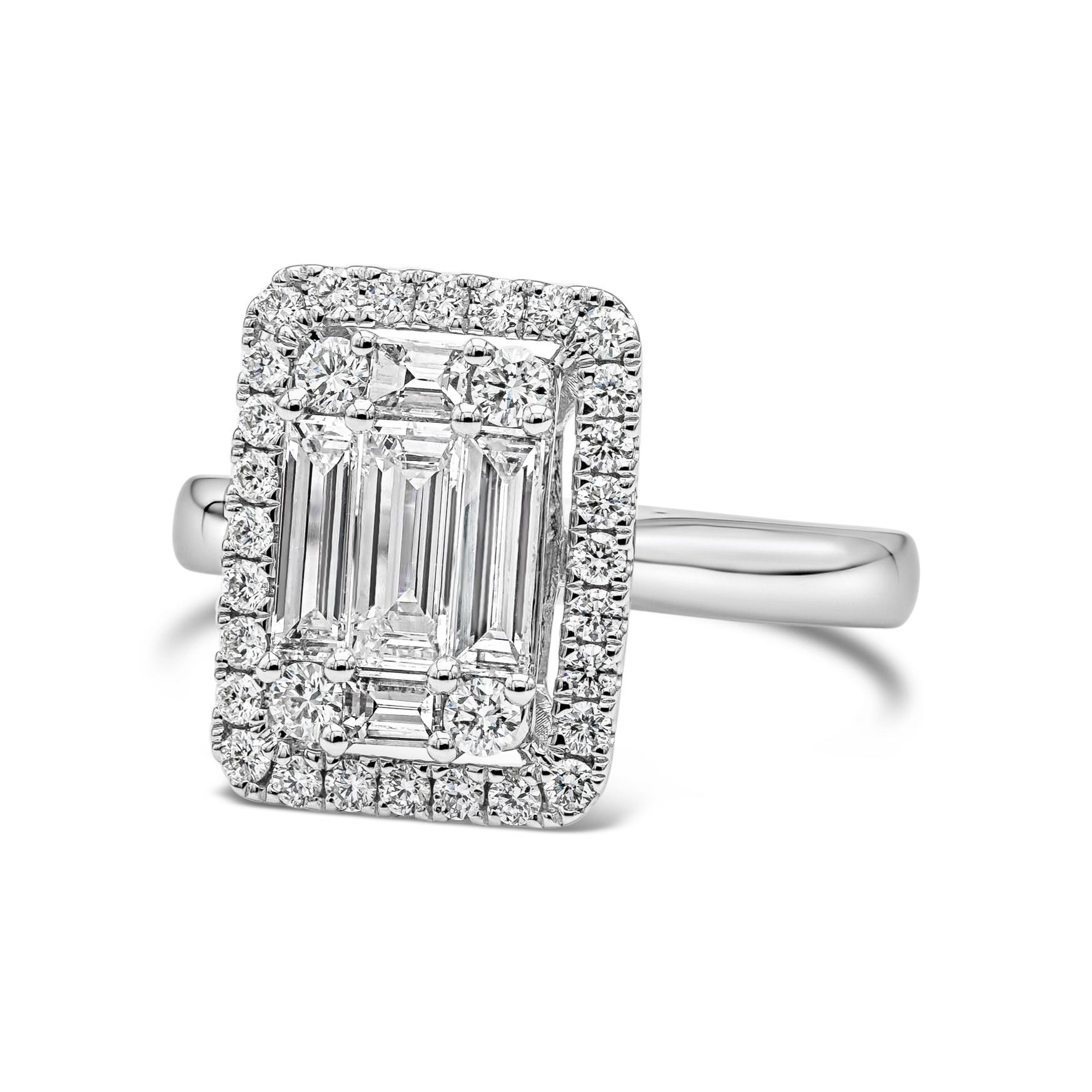 A brilliant and unique piece engagement ring featuring a cluster of baguette cut diamonds shaped like an emerald cut, surrounded by a single row of round brilliant diamonds. Baguette diamonds weigh 0.81 carats total; round diamonds weigh 0.43 carats