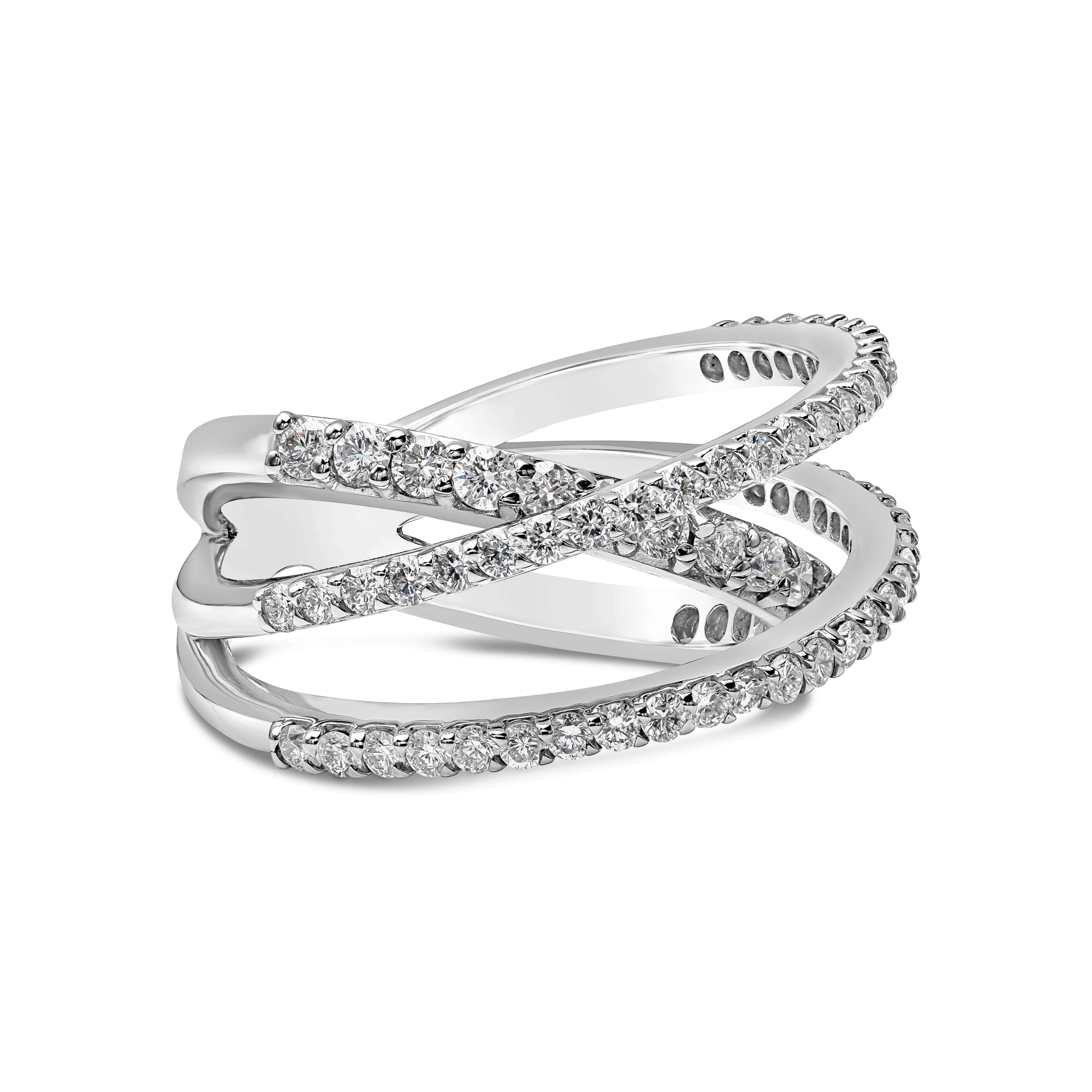 A chic and stylish ring showcasing three rows of round brilliant diamonds, set in an intricately designed intertwined mounting made in 14k white gold. Diamonds weigh 1.24 carats total, G color and SI in clarity.

Style available in different price