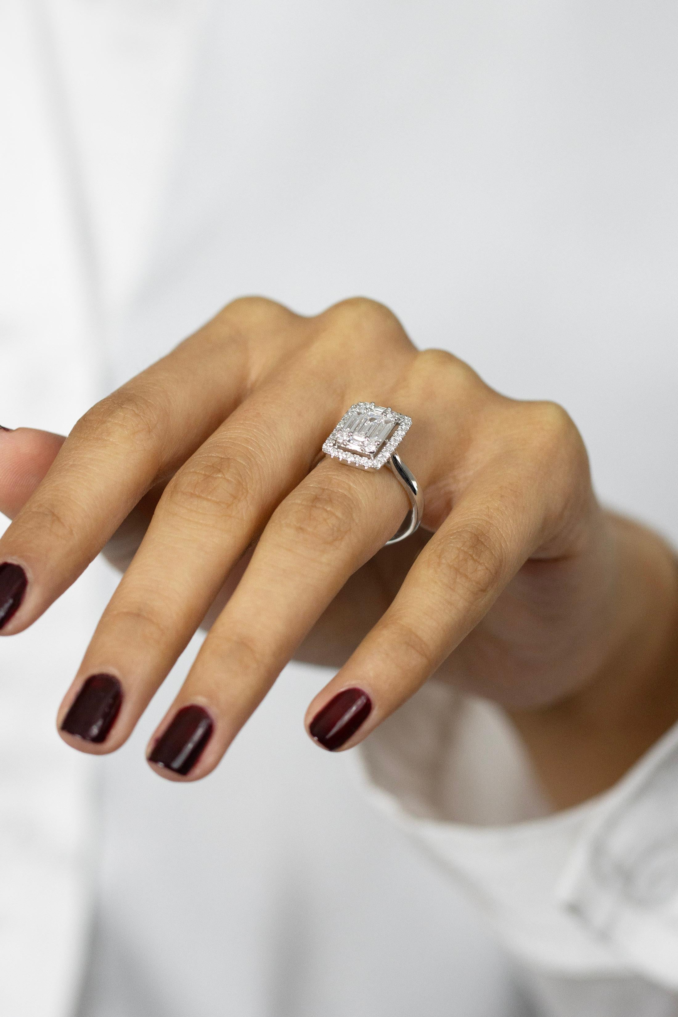 Baguette Cut Roman Malakov 1.24 Carats Total Baguette & Round Cluster Diamond Engagement Ring For Sale