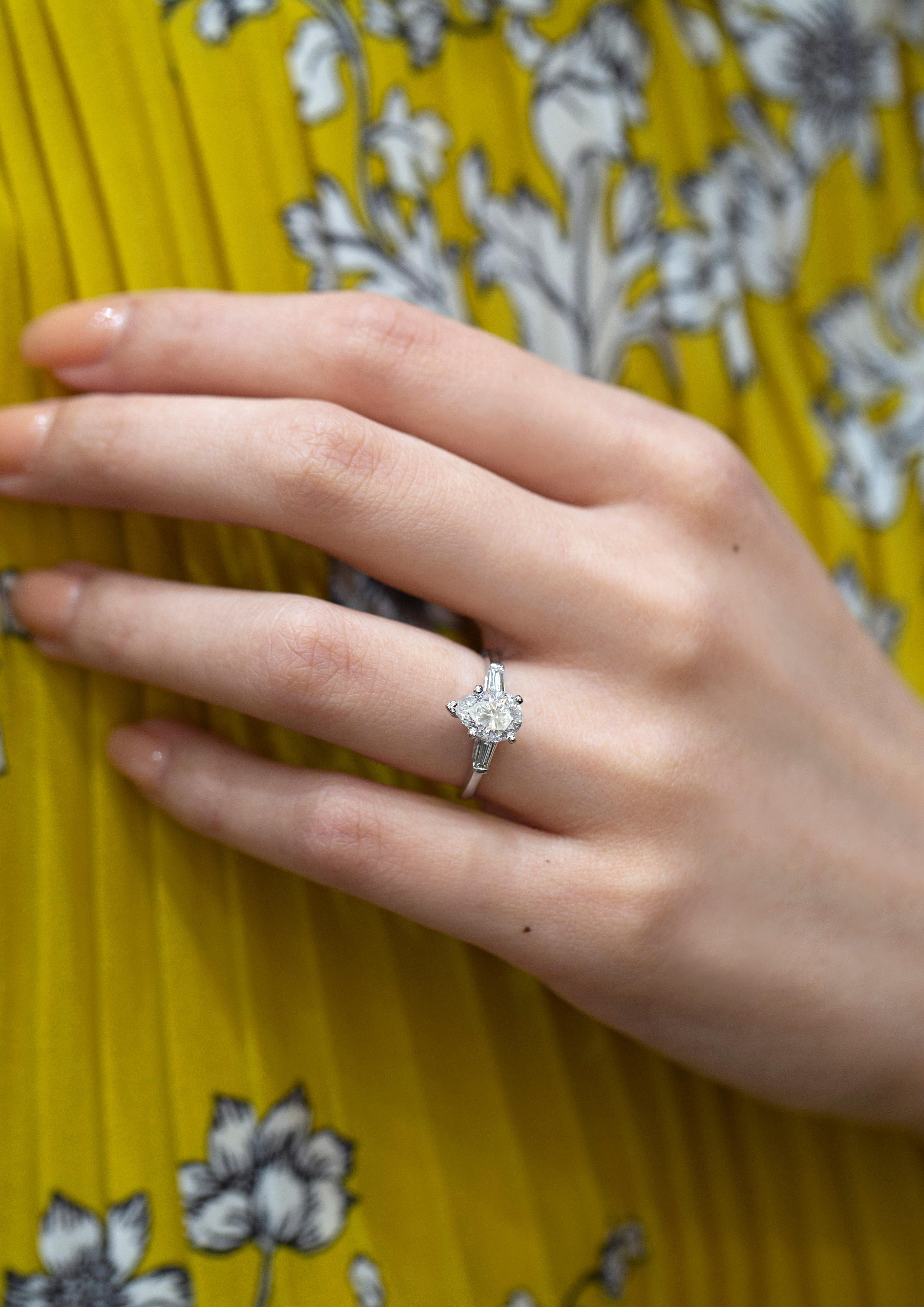 Contemporary Roman Malakov, 1.25 Carat Pear Shape Three Stone Engagement Ring For Sale