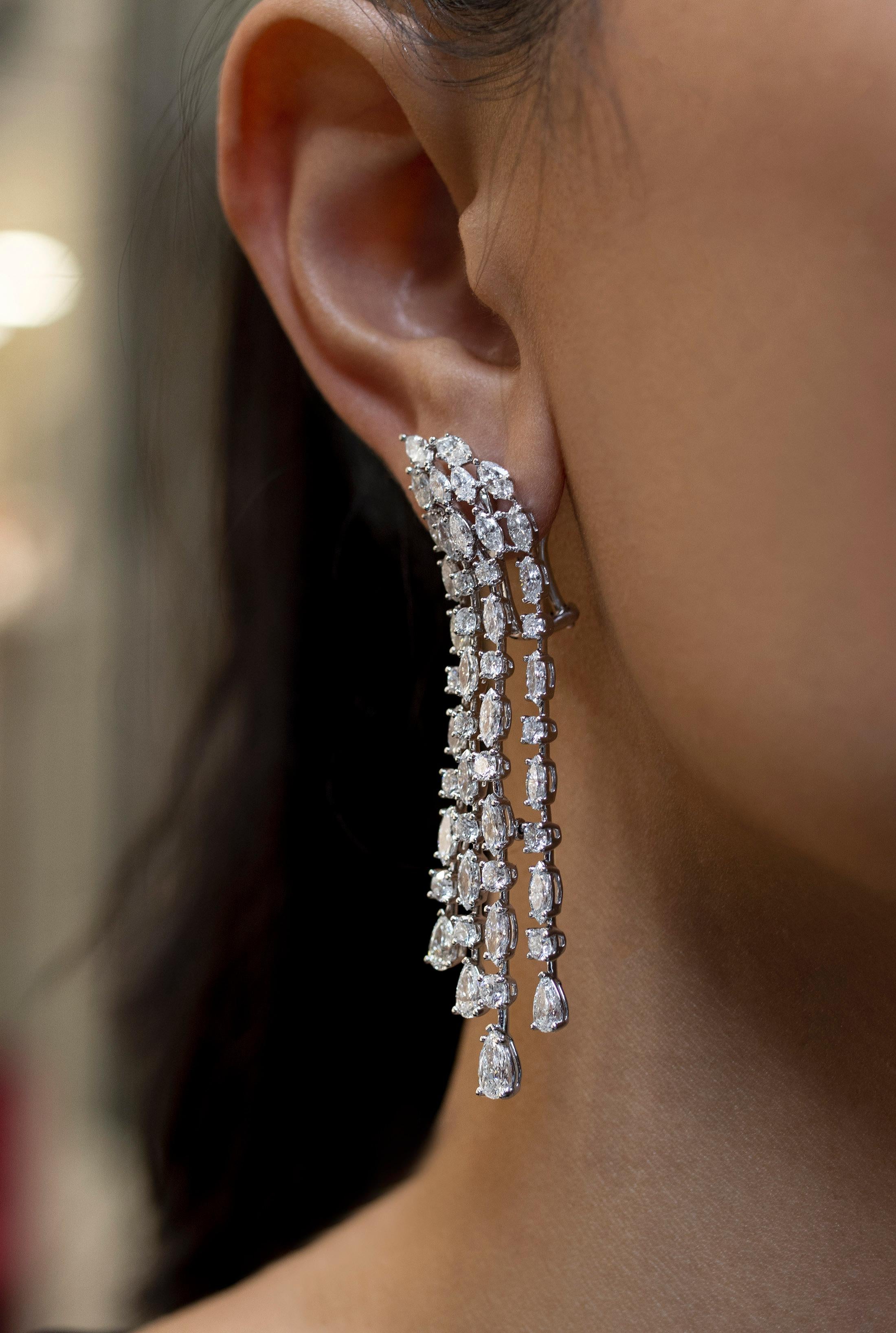 Women's Roman Malakov 12.53 Carat Total Four Strand Multi Shape Diamond Drop Earrings For Sale