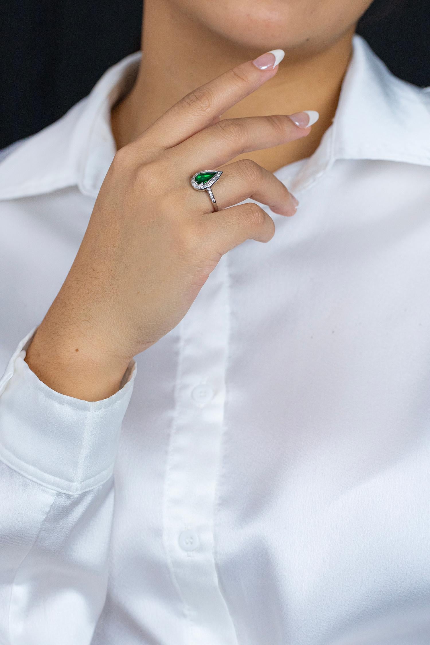 Pear Cut Roman Malakov 1.26 Carats Pear Shape Emerald & Diamond Engagement Ring