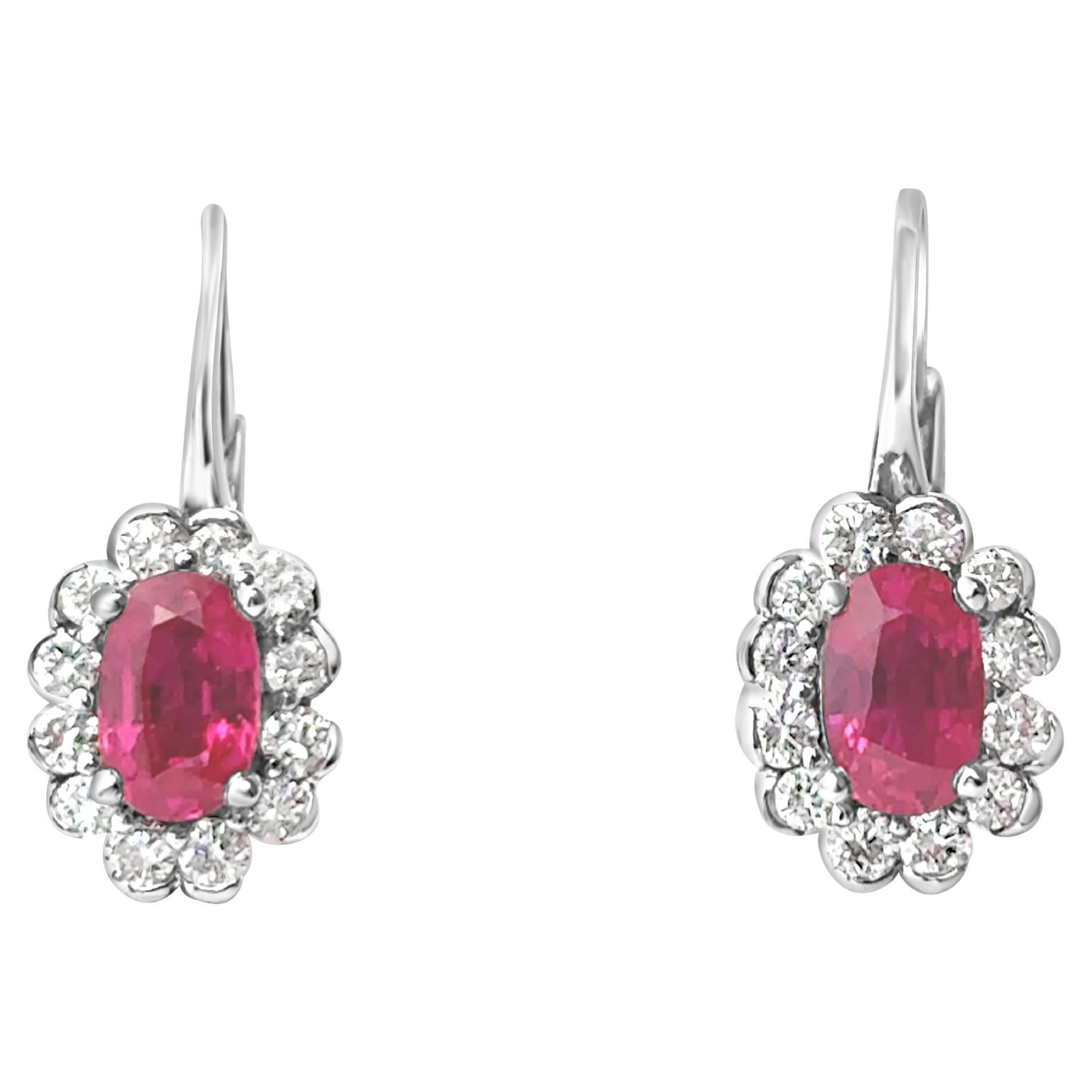 Roman Malakov 1.26 Carats Total Oval Cut Ruby & Diamond Halo Leverback Earrings