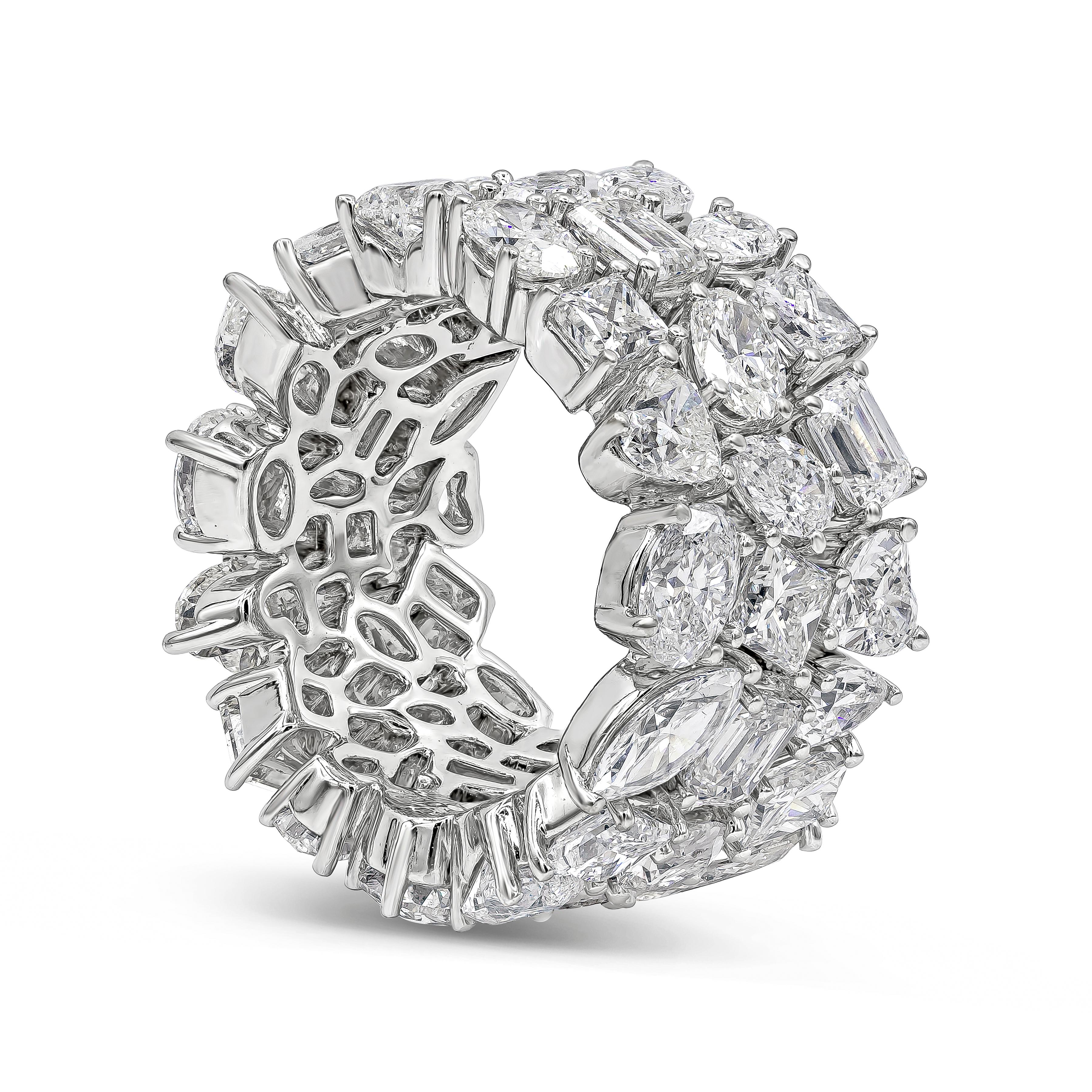 A magnificent and unique piece of jewelry showcasing three-rows of fancy cut diamonds set in an open-work, floating diamond design made in platinum. Diamonds weigh 12.87 carats total. Size 7 US.

Style available in different price ranges. Prices are