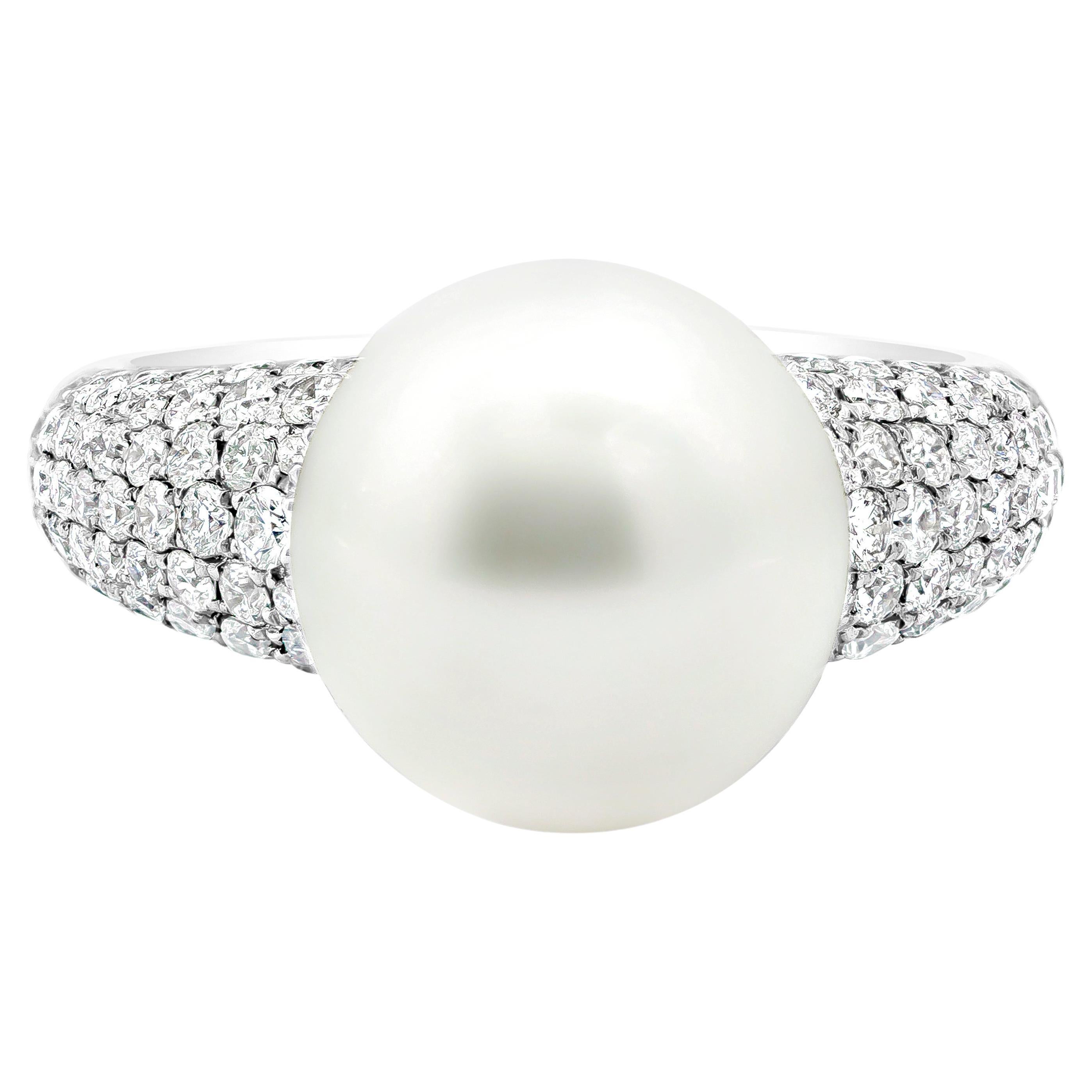 Roman Malakov 12mm Cultured South Sea Pearl and Round Diamond Cocktail Ring For Sale