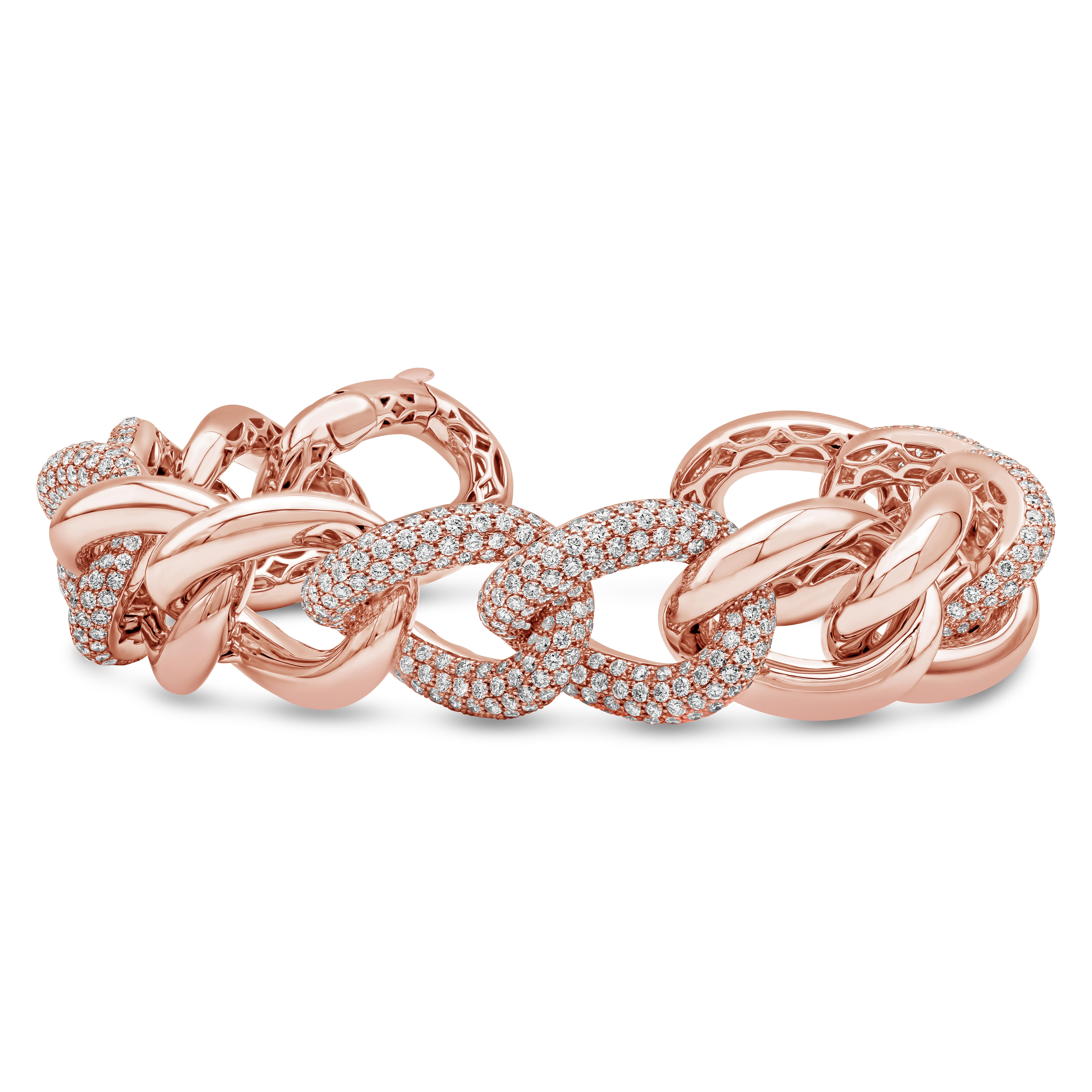 A large fashionable link bracelet with six links mounted with brilliant round diamonds weighing a total of 13.19 carats, F Color and VS in Clarity. Set in 18K Rose Gold. 


 