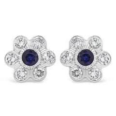 Roman Malakov 1.33 Carats Total Round Blue Sapphire and Diamond Stud Earrings