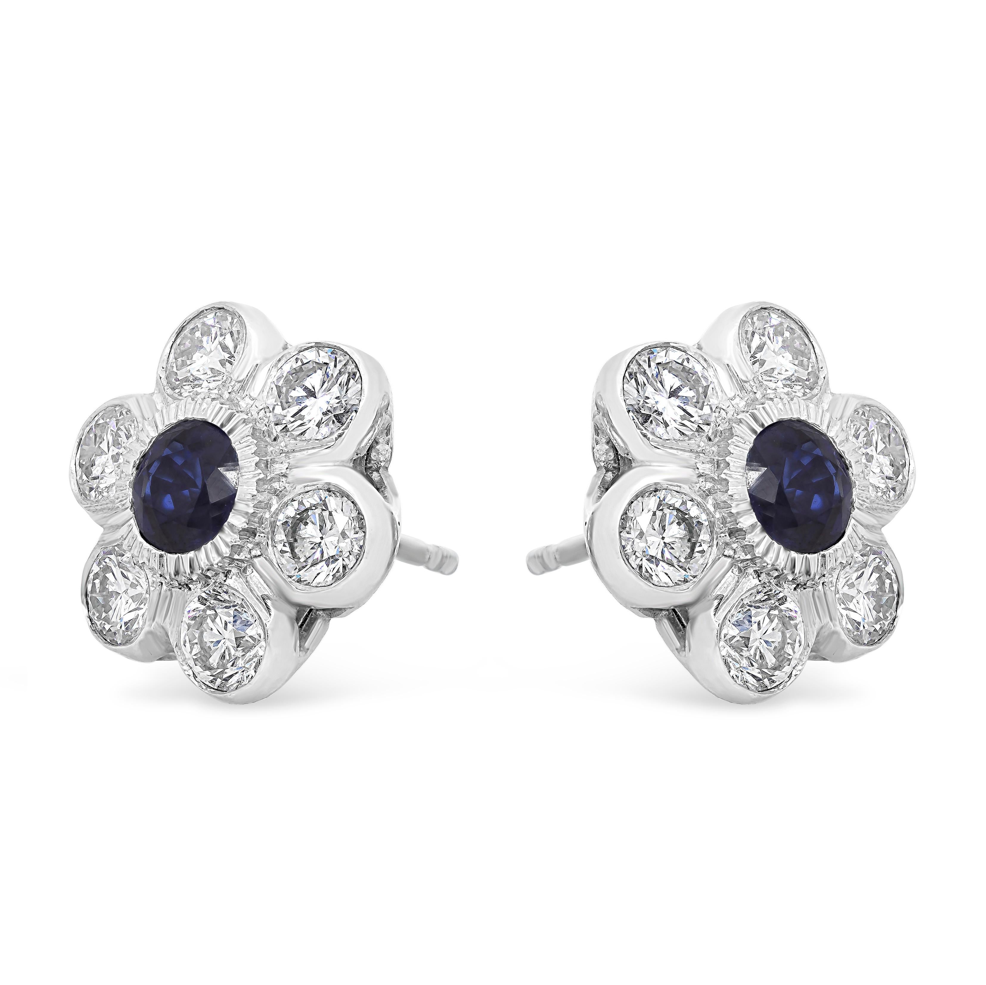 Contemporary Roman Malakov 1.33 Carats Total Round Blue Sapphire and Diamond Stud Earrings For Sale