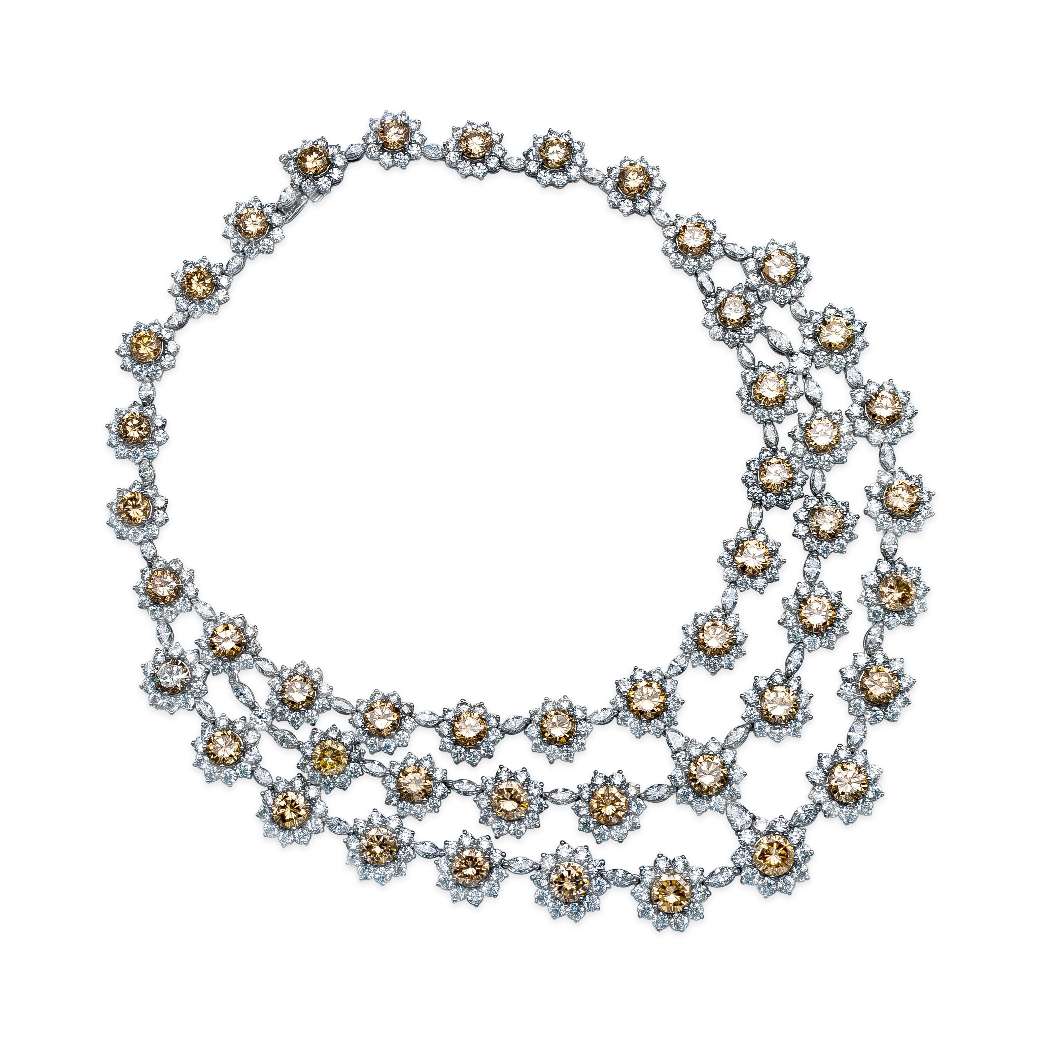 Contemporary 133.33 Carat Total Mixed Cut Natural Brown and White Diamond Floral Necklace For Sale