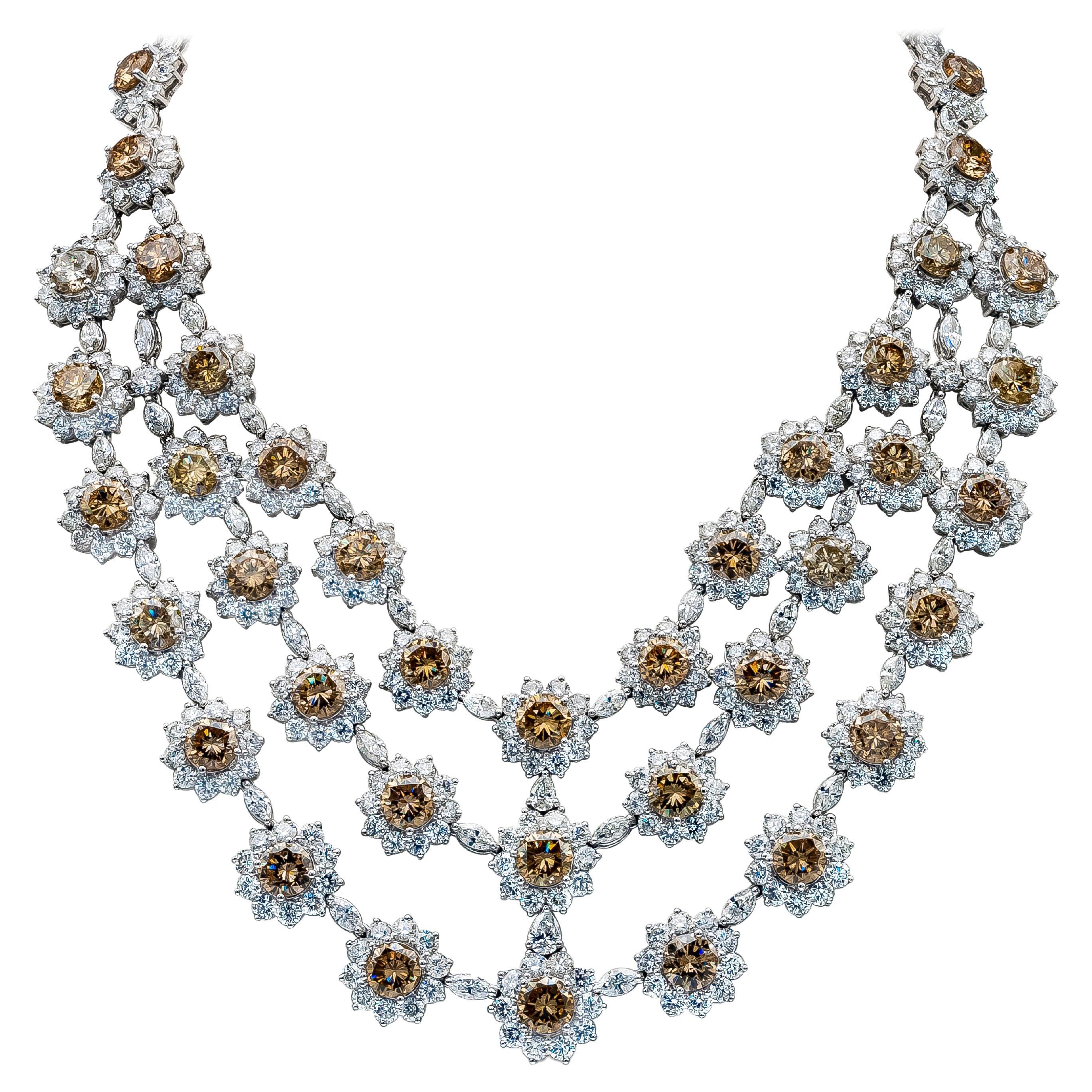 133.33 Carat Total Mixed Cut Natural Brown and White Diamond Floral Necklace For Sale