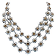 133.33 Carat Total Mixed Cut Natural Brown and White Diamond Floral Necklace