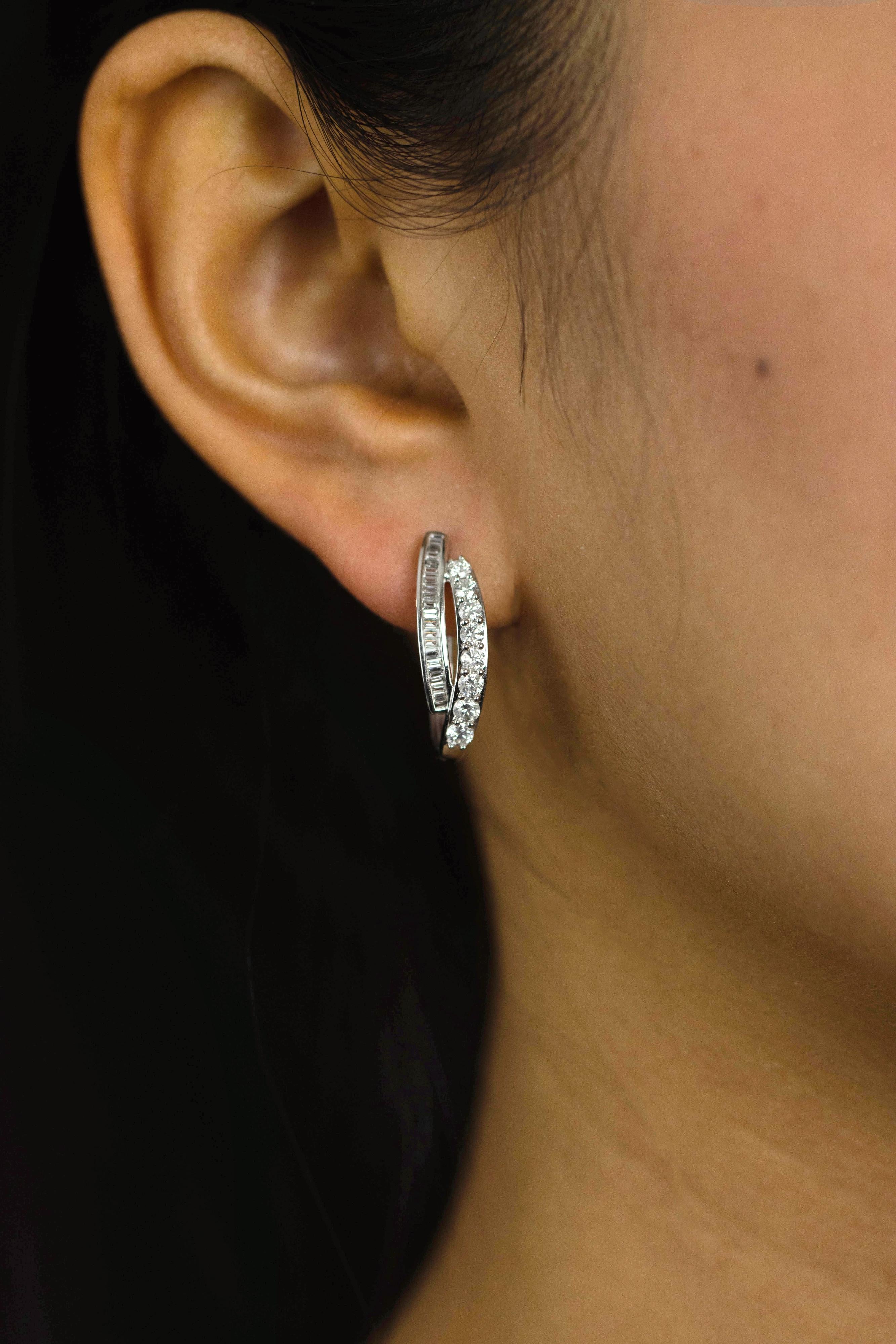Women's 1.34 Carats Total Round and Baguette Cut Diamond Hoop Earrings