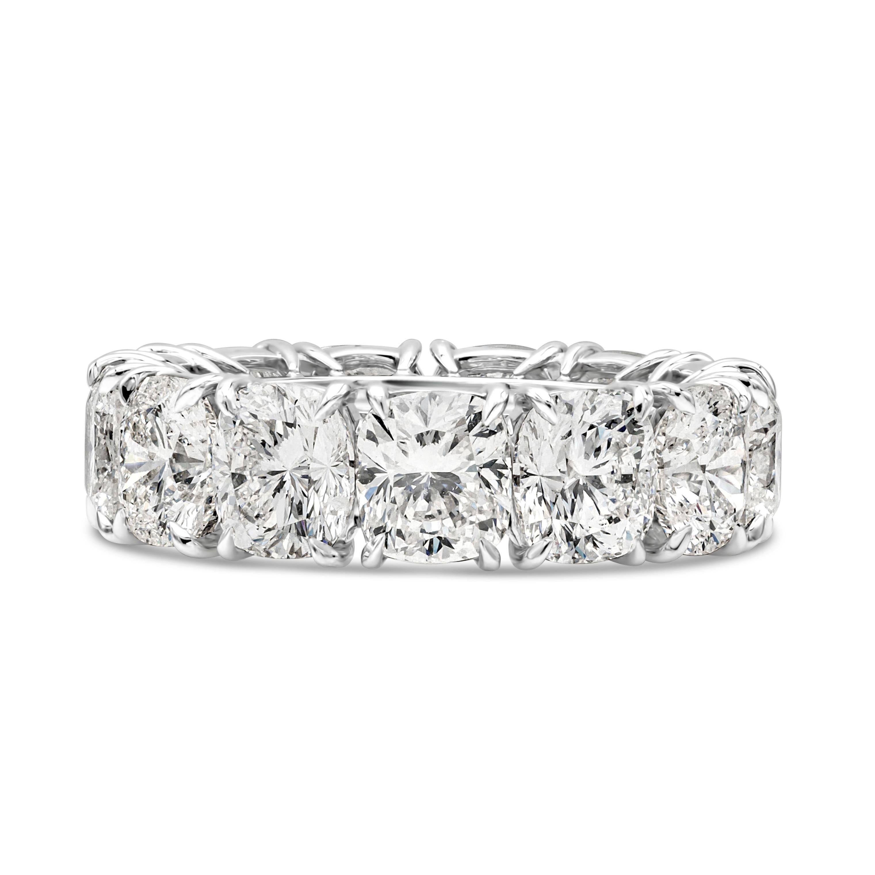 This classic eternity wedding band features 13 cushion cut diamonds weighing 13.47 carats total, F-H Color and SI-I1 in Clarity. Mounted in a classic four-prong basket setting. Finely made in Platinum and Size 7 US resizable upon request.

Style