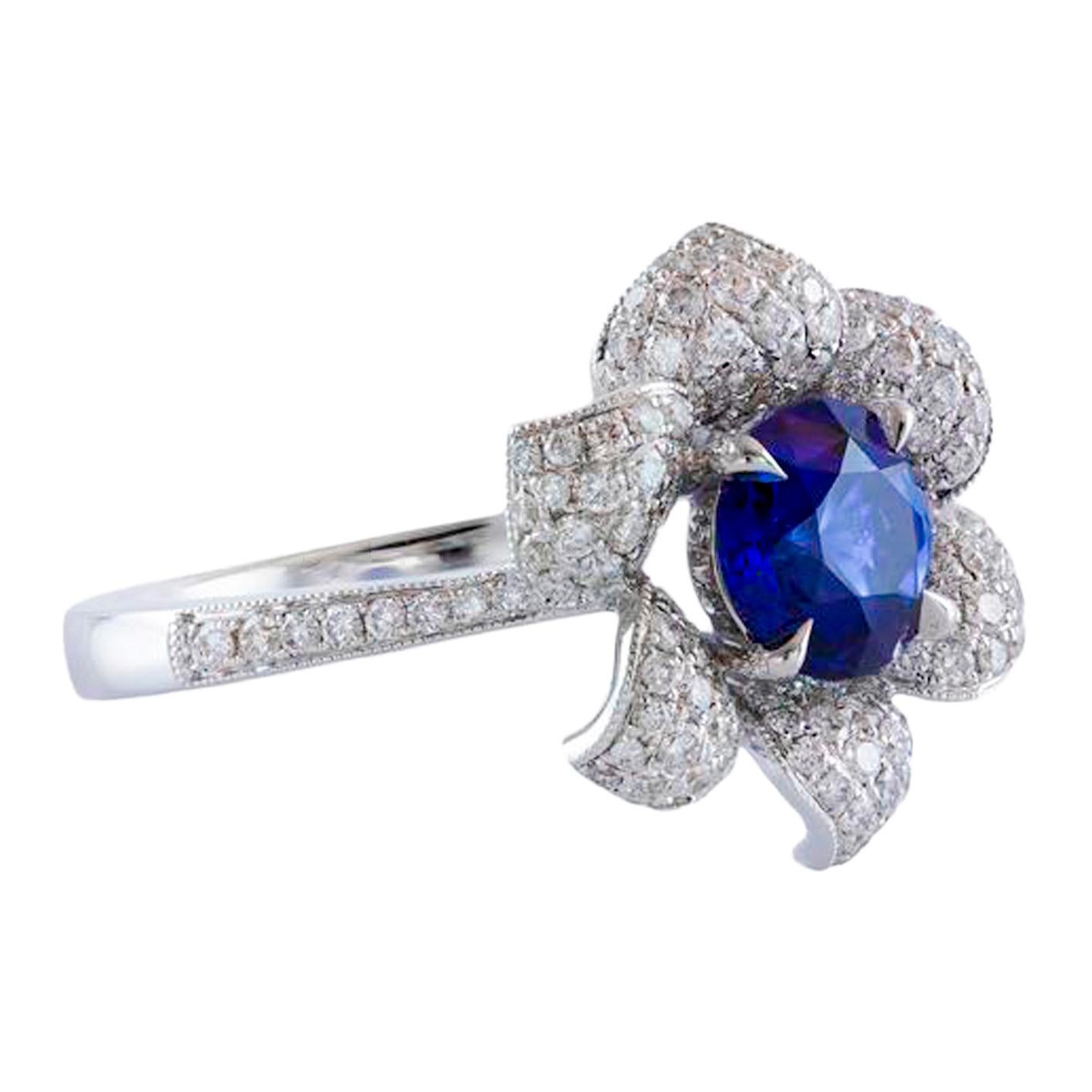 Contemporary Roman Malakov 1.35 Carats Round Blue Sapphire and Diamonds Flower Fashion Ring For Sale