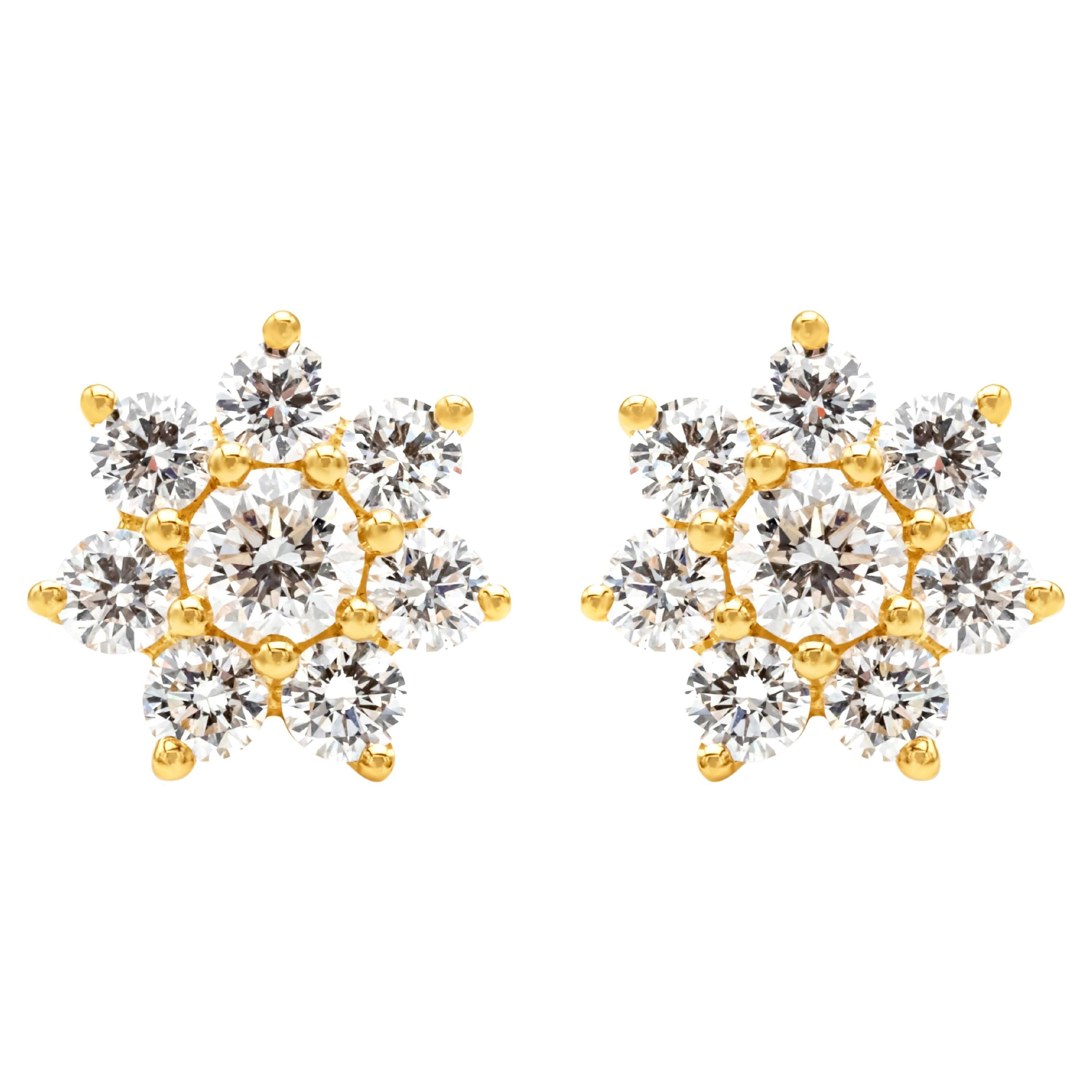 Roman Malakov 1.35 Carats Total Brilliant Round Cut Diamond Flower Stud Earrings For Sale