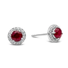 Roman Malakov 1.35 Carats Total Round Cut Ruby and Diamond Halo Stud Earrings