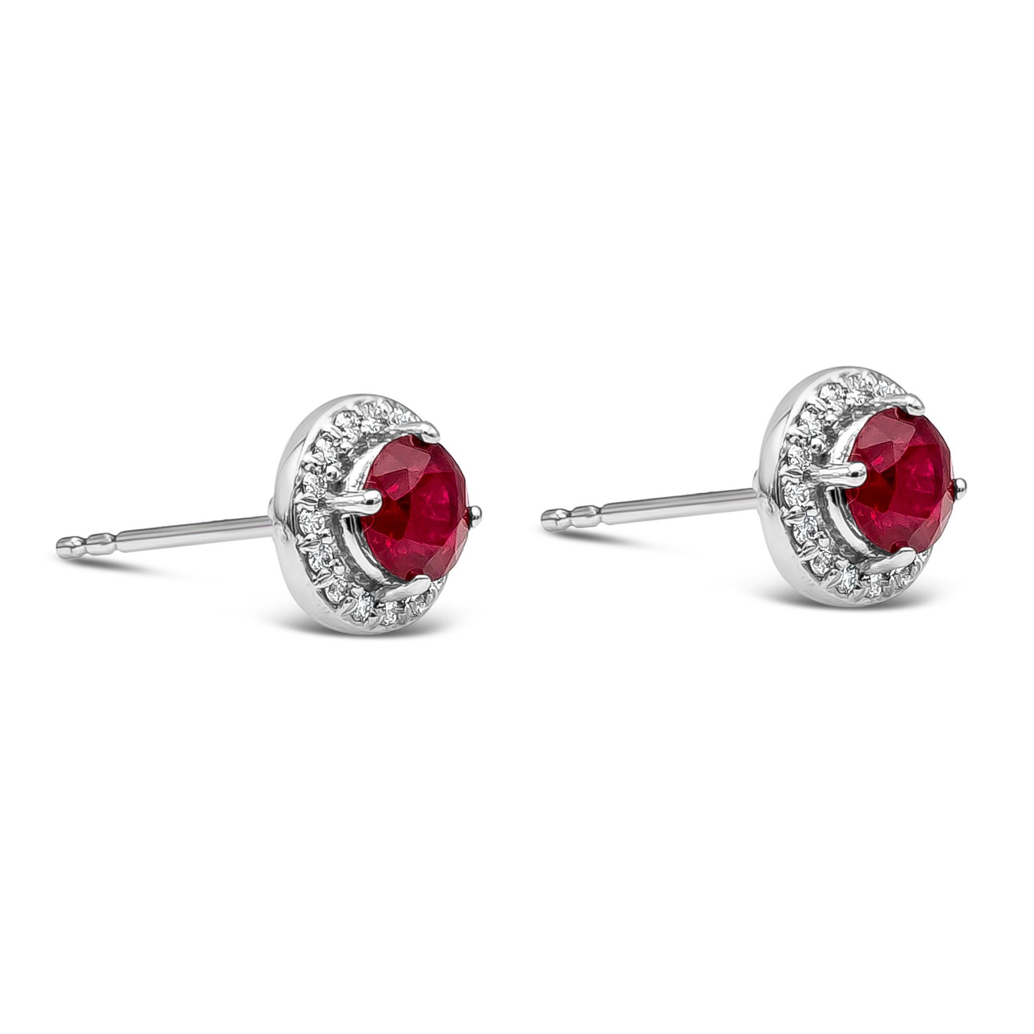 Contemporary Roman Malakov 1.35 Carats Total Round Cut Ruby and Diamond Halo Stud Earrings For Sale