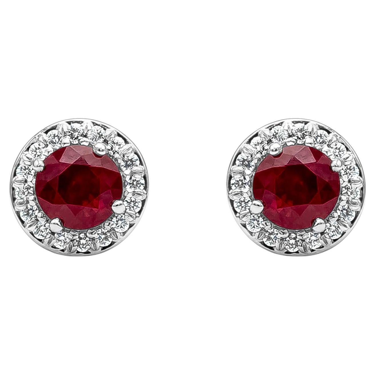 Roman Malakov 1.35 Carats Total Round Cut Ruby and Diamond Halo Stud Earrings For Sale