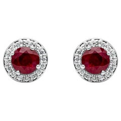 Roman Malakov 1.35 Carats Total Round Cut Ruby and Diamond Halo Stud Earrings