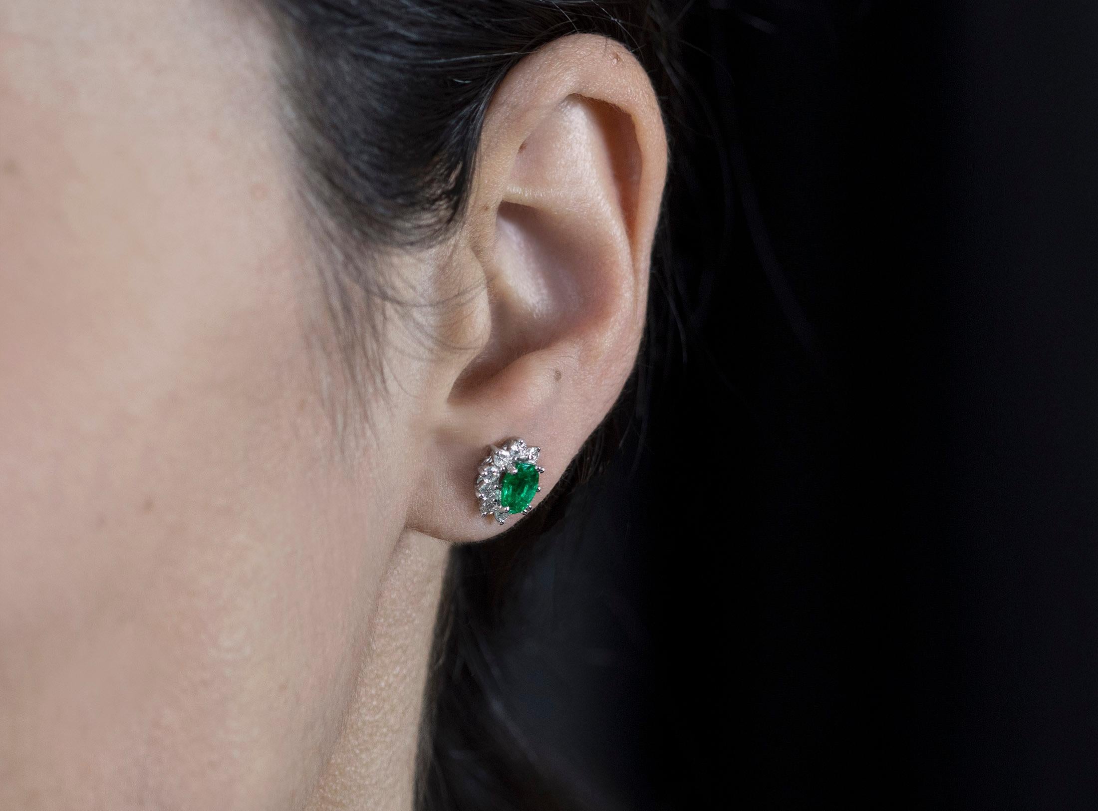 Oval Cut Roman Malakov 1.37 Carat Total Green Emerald and Diamond Halo Stud Earrings For Sale