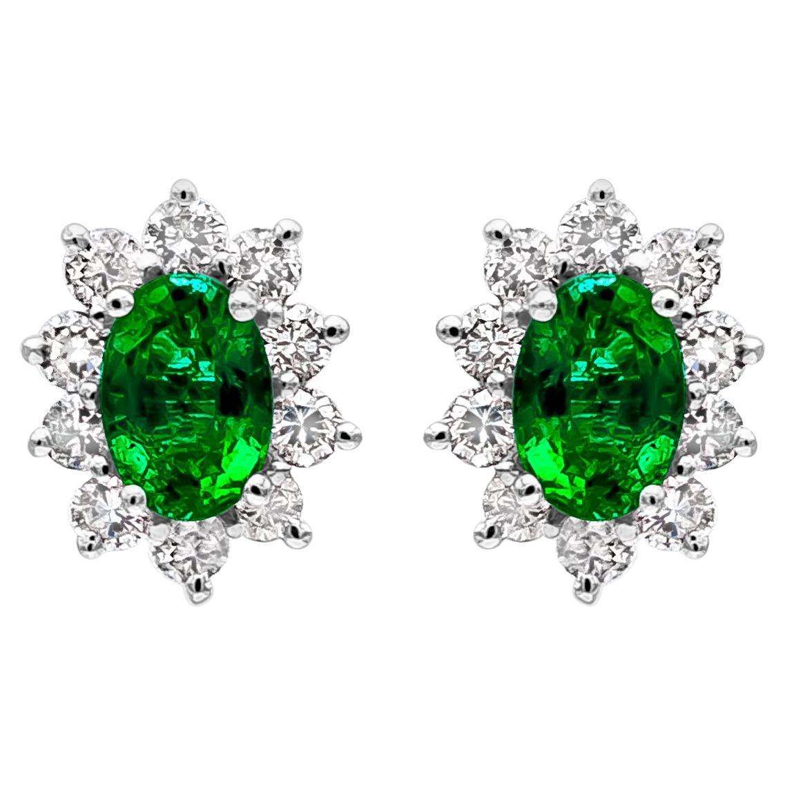 Roman Malakov 1.37 Carat Total Green Emerald and Diamond Halo Stud Earrings For Sale