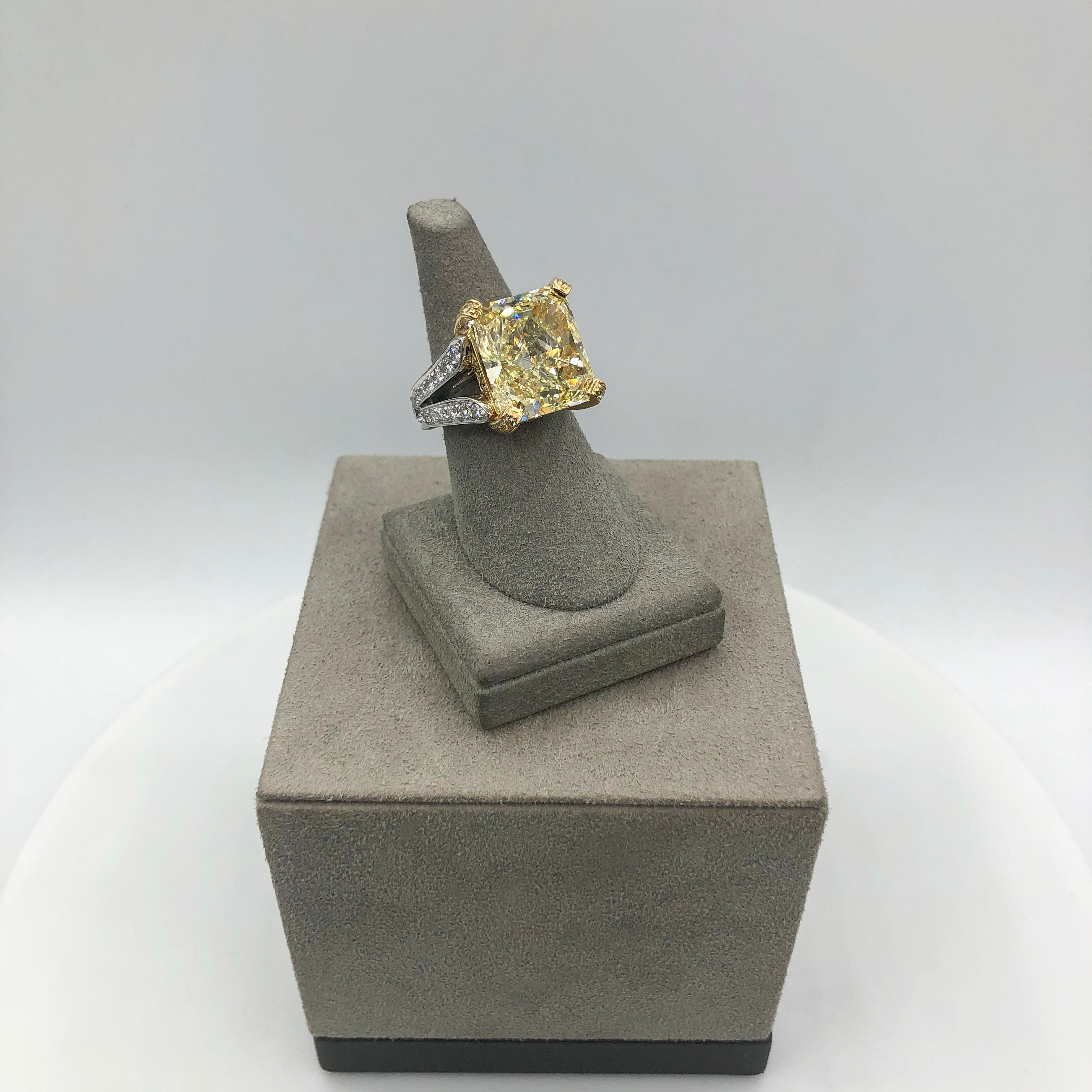 Radiant Cut GIA Certified 13.95 Carat Fancy Yellow Diamond Split-Shank Engagement Ring  For Sale