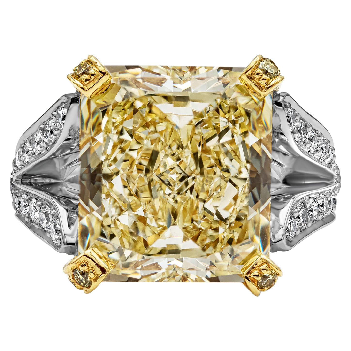 GIA Certified 13.95 Carat Fancy Yellow Diamond Split-Shank Engagement Ring  For Sale