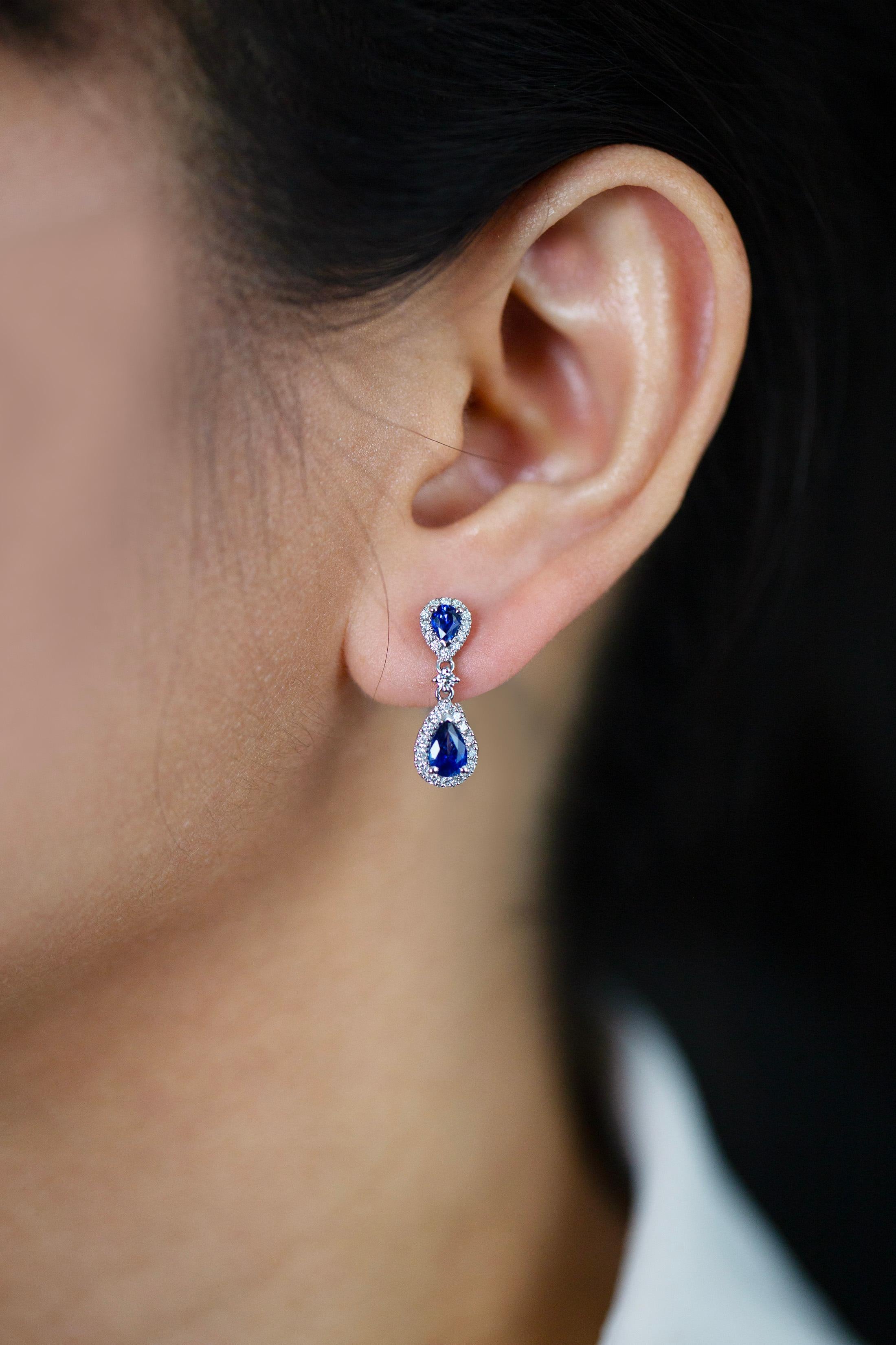 Pear Cut Roman Malakov 1.40 Carats Pear Shape Blue Sapphires and Diamonds Dangle Earrings For Sale