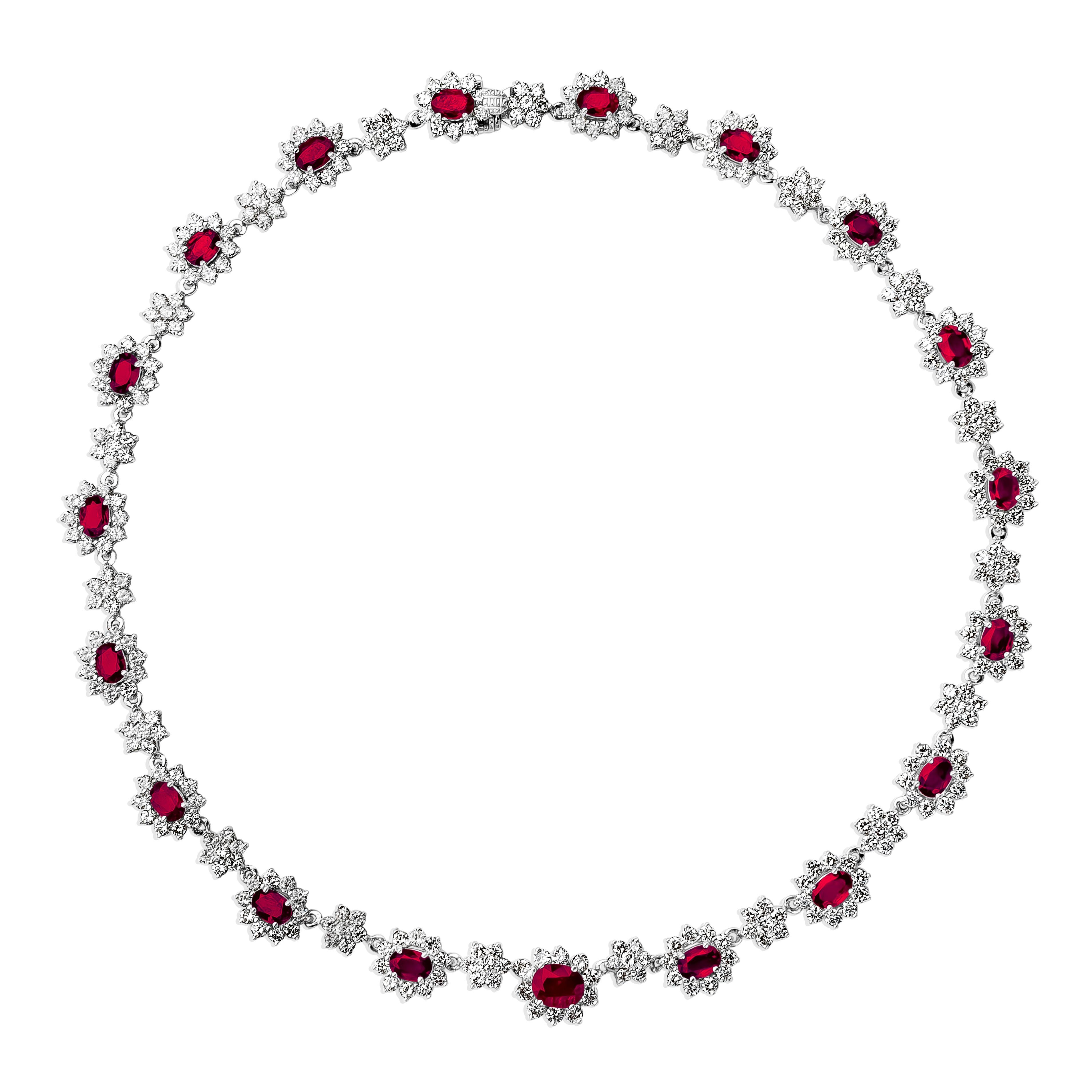 Contemporary Roman Malakov 14.01 Carats Total Oval Cut Ruby & Diamond Halo Collar Necklace For Sale