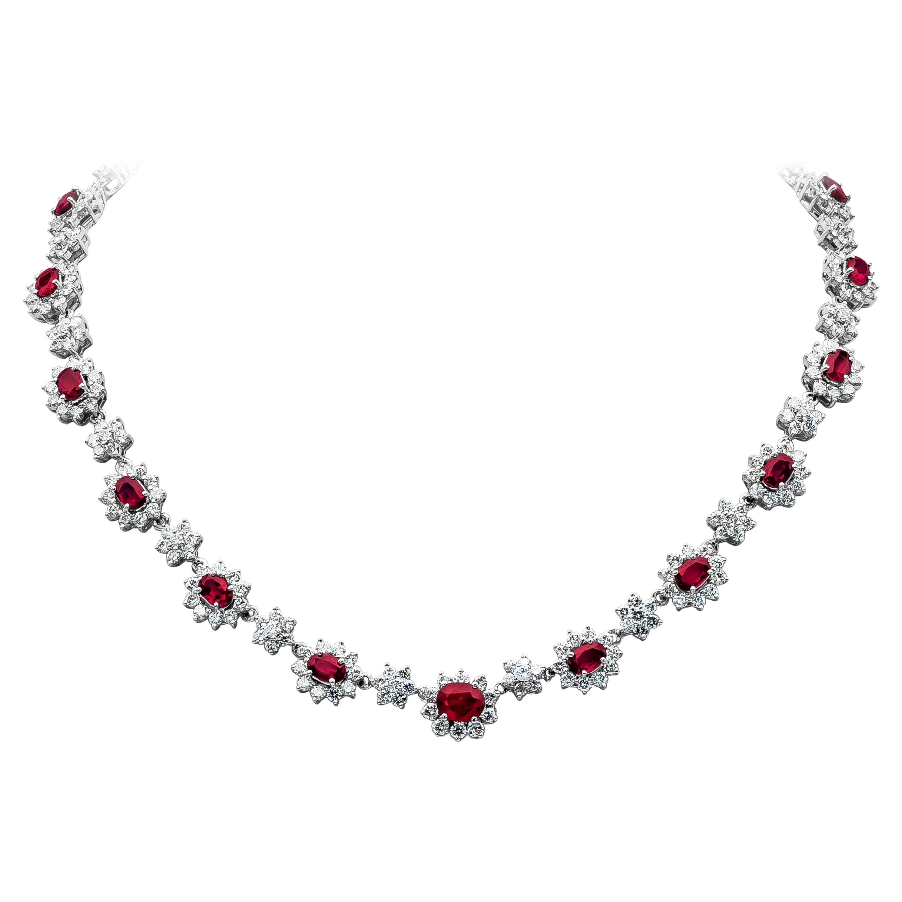 Roman Malakov 14.01 Carats Total Oval Cut Ruby & Diamond Halo Collar Necklace For Sale