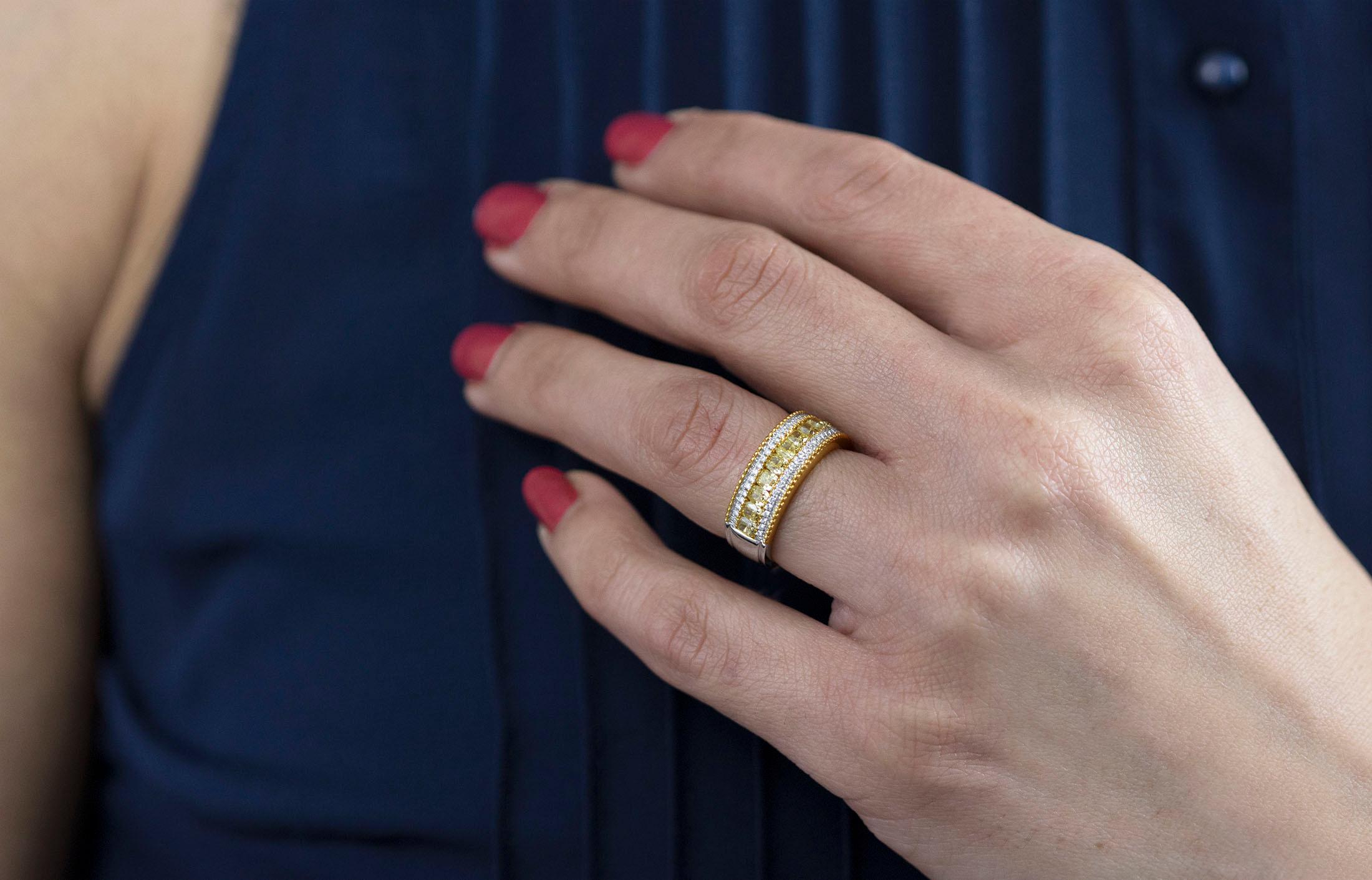 Women's Roman Malakov 1.42 Carats Cushion Cut Fancy Yellow Diamond Band Ring For Sale