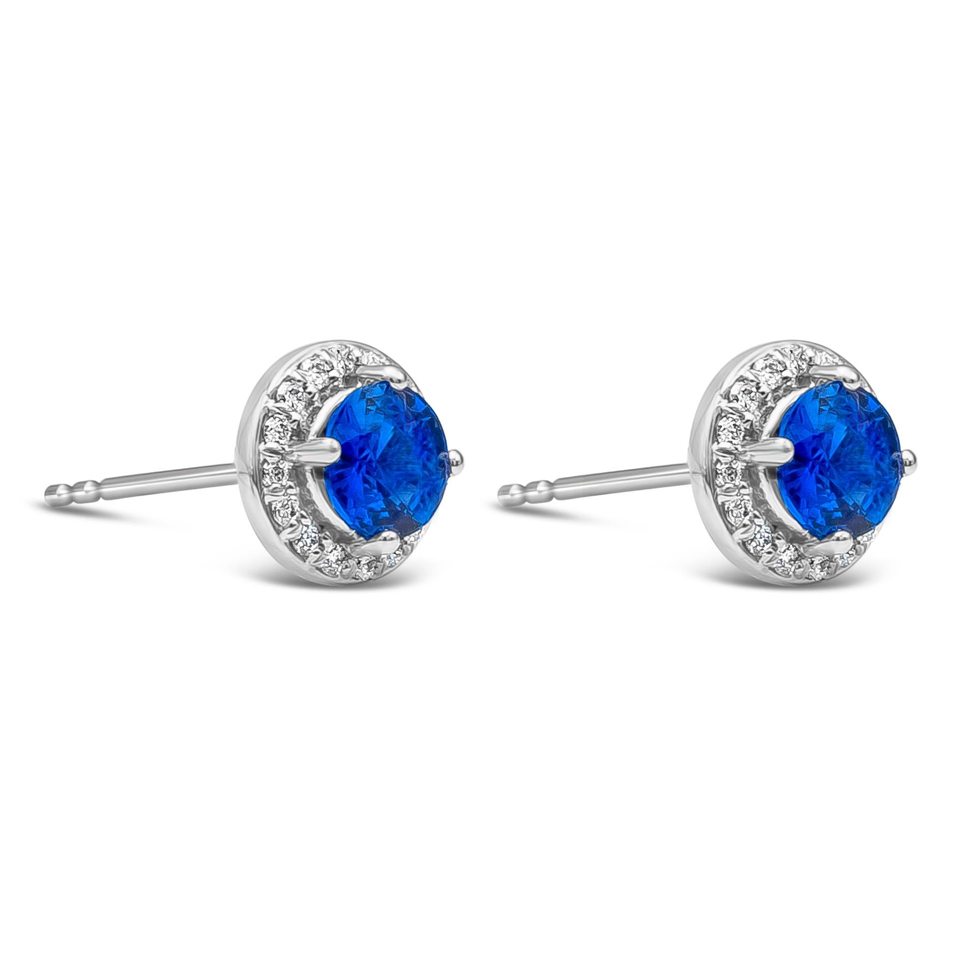 Contemporary Roman Malakov 1.42 Carats Total Blue Sapphire and Diamonds Halo Stud Earrings For Sale