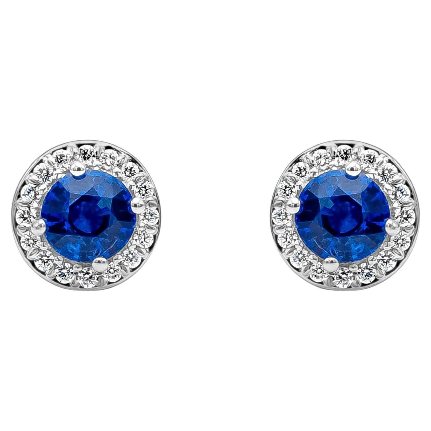 Roman Malakov 1.42 Carats Total Blue Sapphire and Diamonds Halo Stud Earrings For Sale