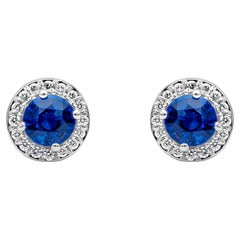 Roman Malakov 1.42 Carats Total Blue Sapphire and Diamonds Halo Stud Earrings