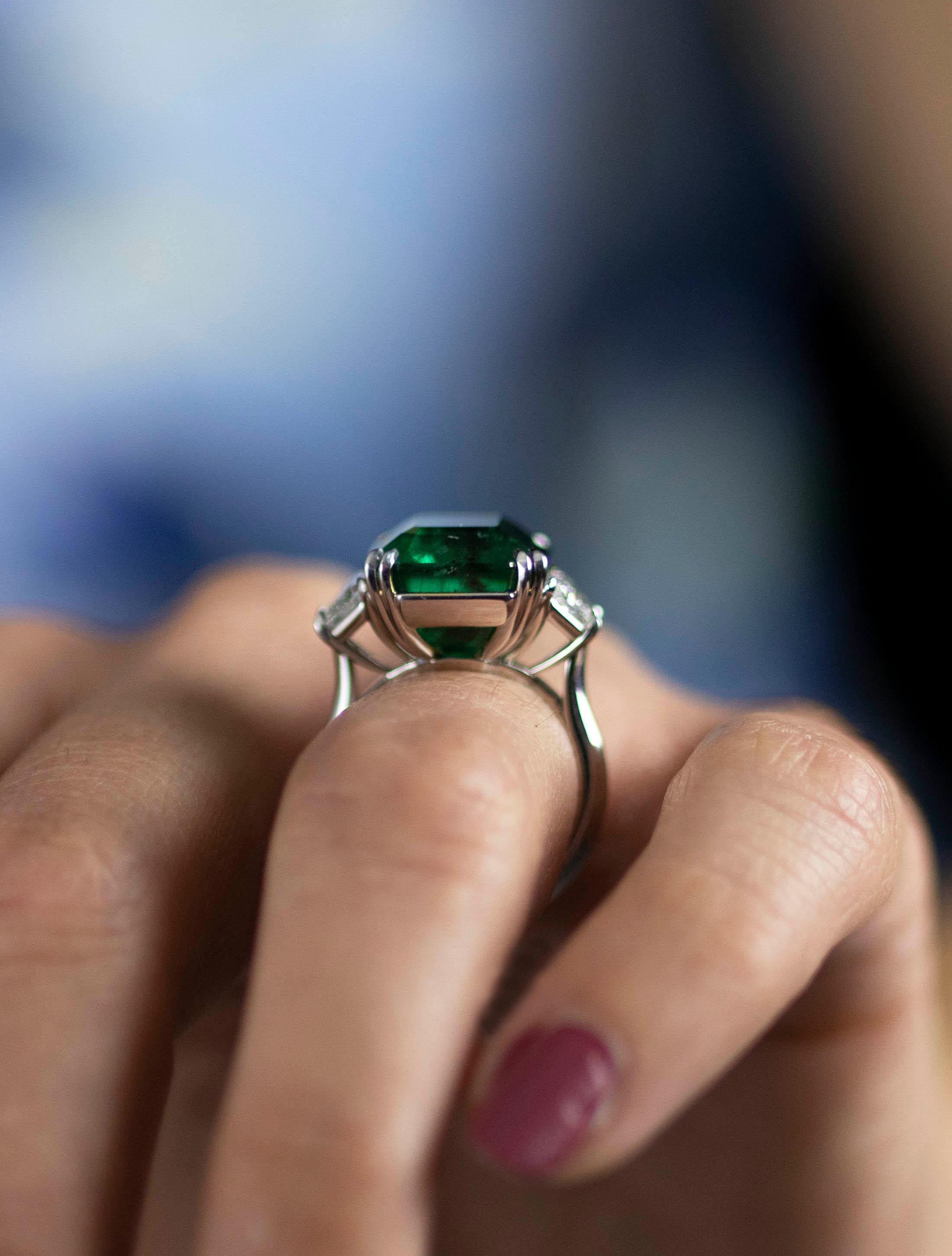 Emerald Cut Roman Malakov 14.30 Carat Zambia Green Emerald Three-Stone Engagement Ring