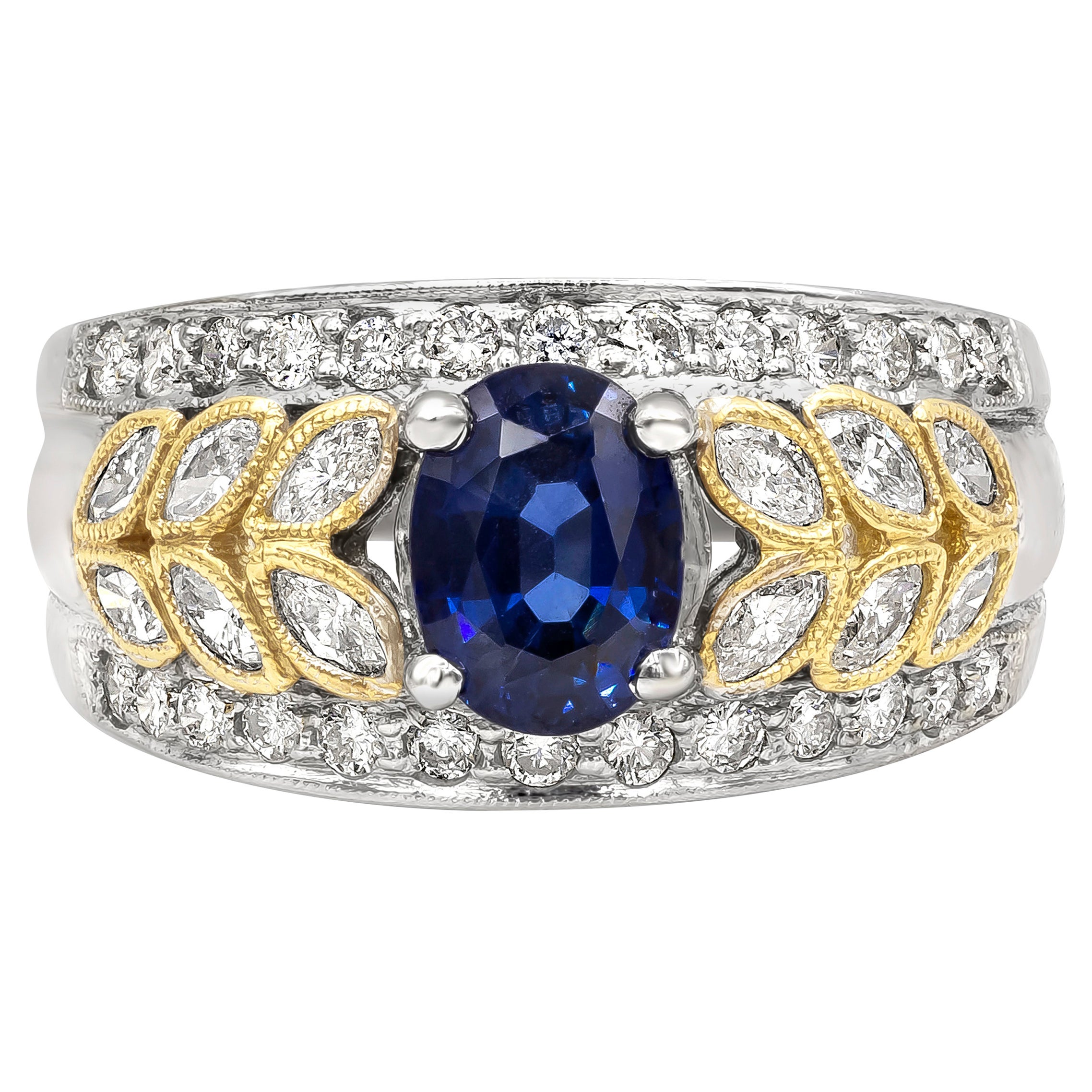 Roman Malakov, bague à la mode, saphir taille ovale 1,44 carat et diamants tailles mixtes