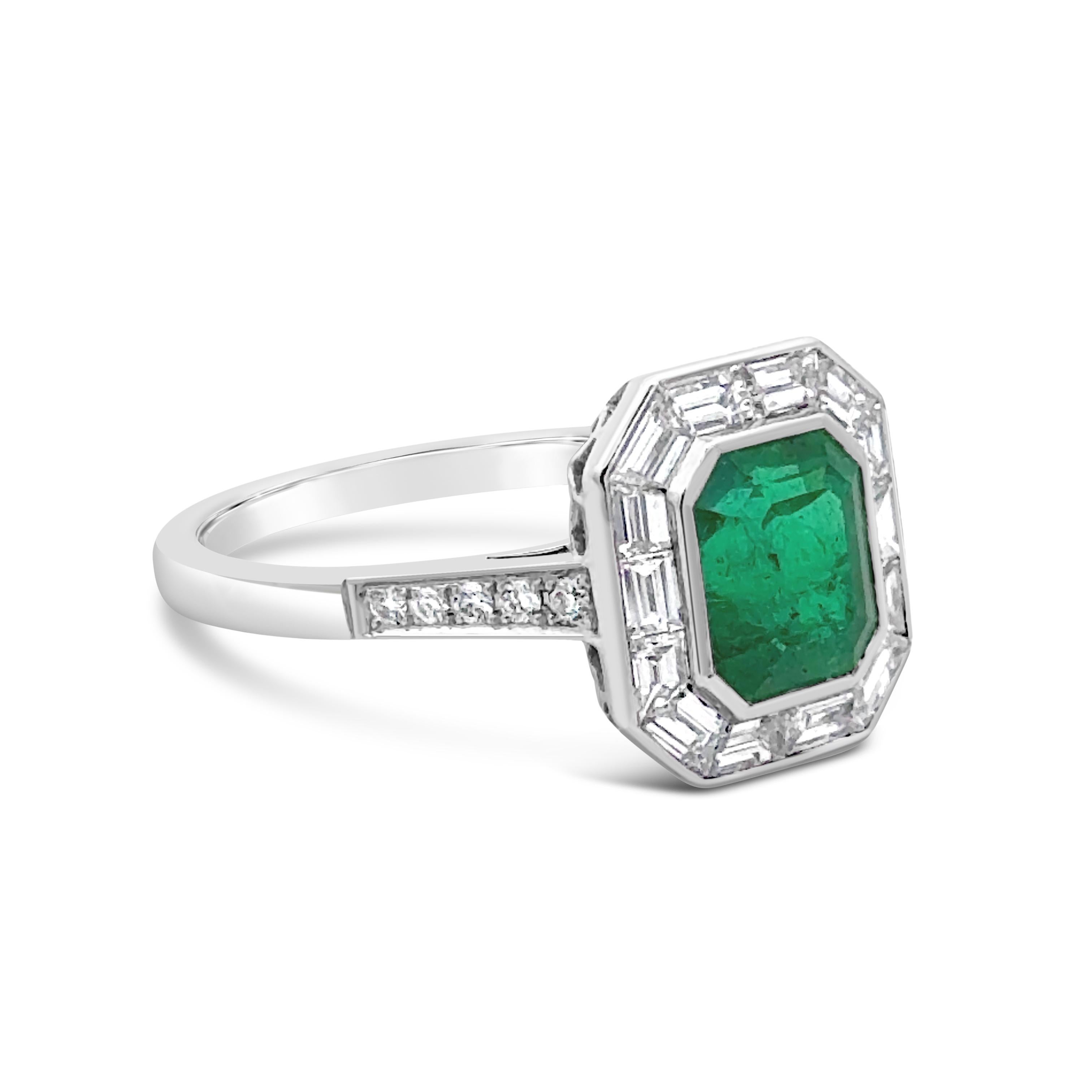 Contemporary Roman Malakov 1.44 Carats Emerald Cut Colombian Emerald & Diamond Wedding Ring For Sale