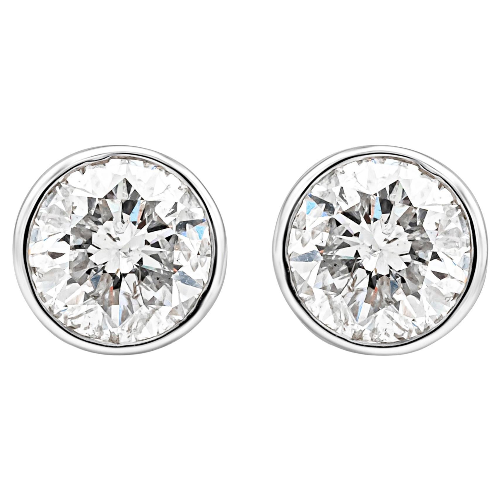 Roman Malakov 1.44 Carats Total Bezel Set Brilliant Round Diamond Stud Earrings For Sale