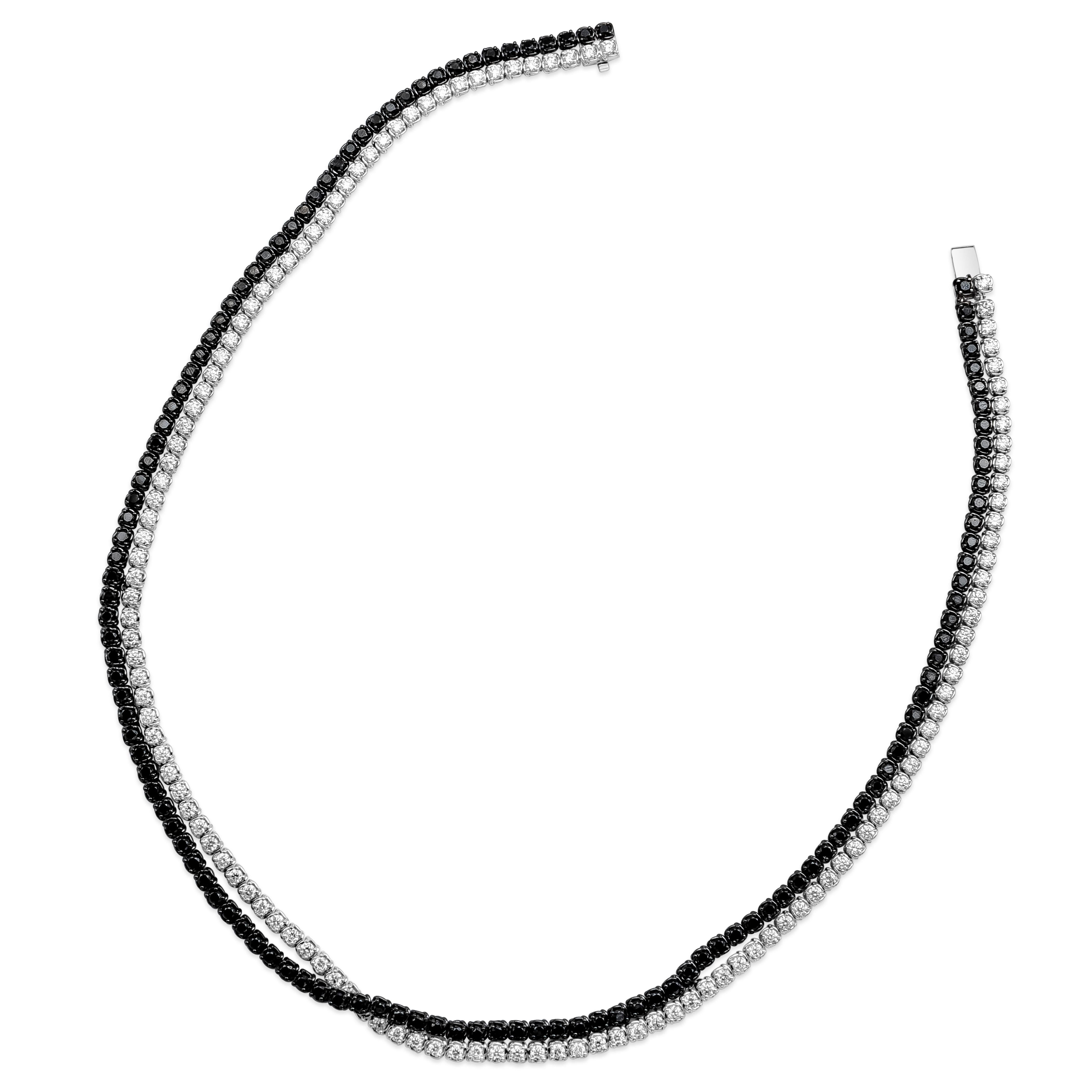 Contemporary Roman Malakov 14.46 Carat Total Black & White Round Diamond Crossover Necklace  For Sale