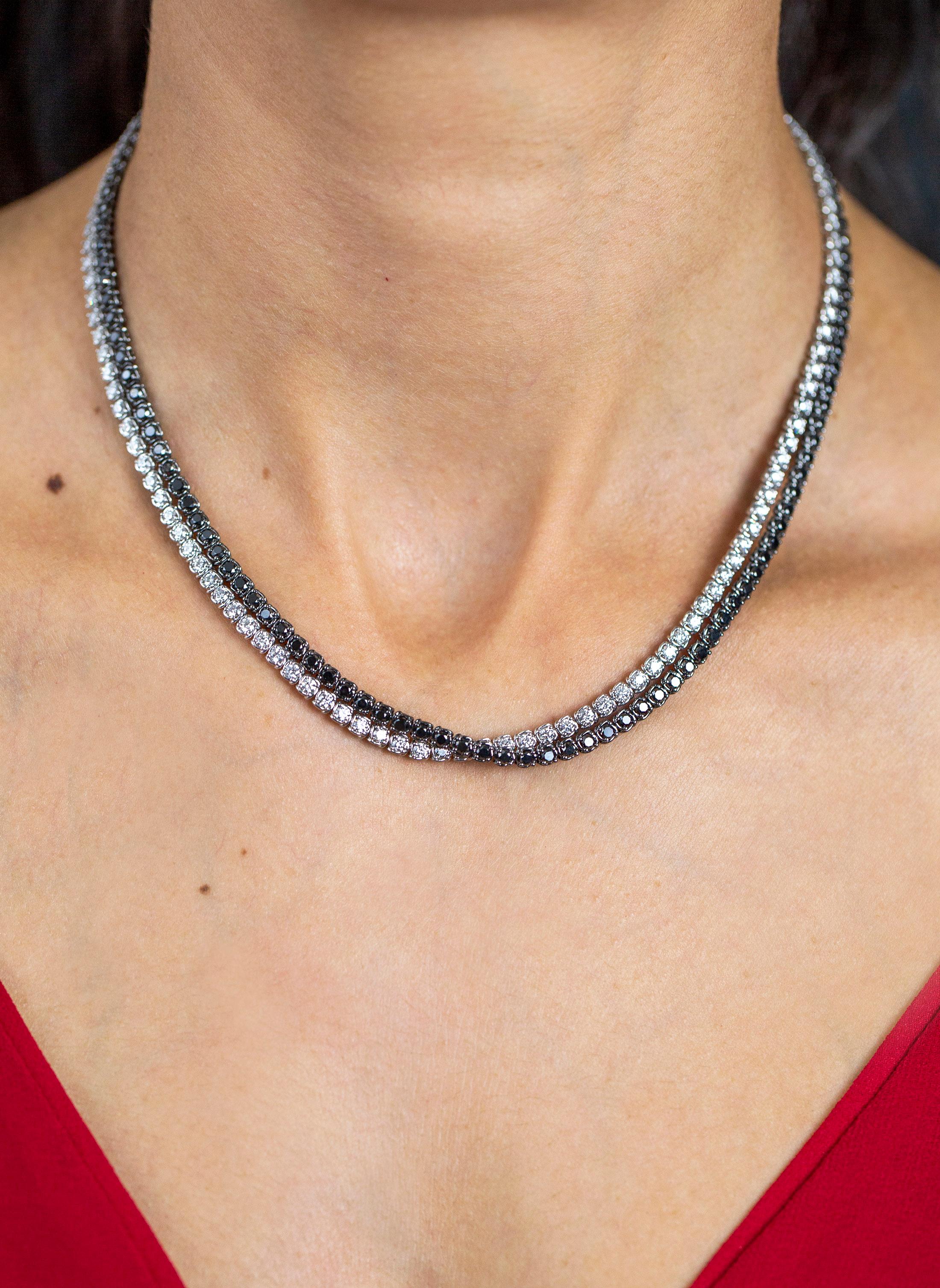 Women's Roman Malakov 14.46 Carat Total Black & White Round Diamond Crossover Necklace  For Sale